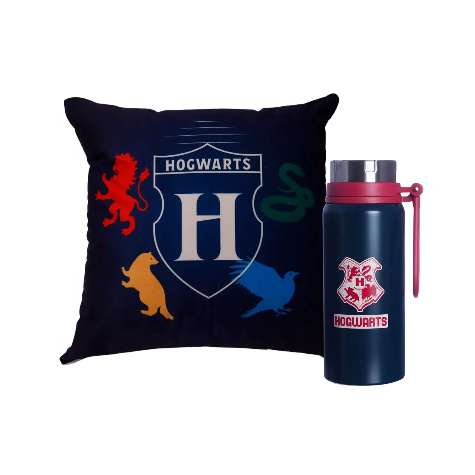 COMP Kit Harry Potter Almofada Casas Hogwarts 40x40 + Garrafa Térmica 650ml Inox Zona Criativa