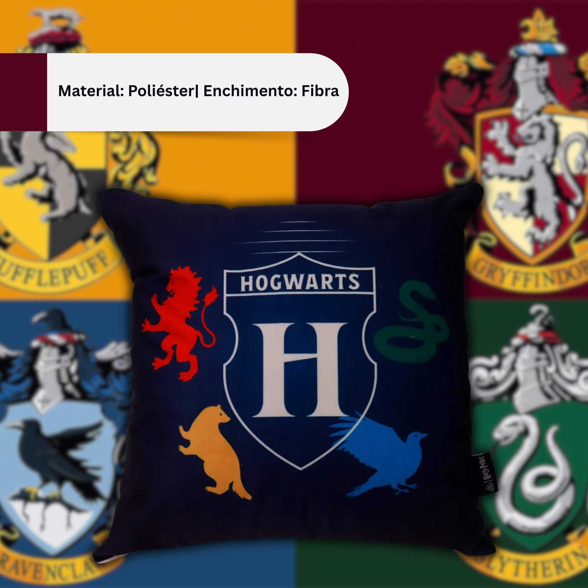 COMP Kit Harry Potter Almofada Casas Hogwarts 40x40 + Garrafa Térmica 650ml Inox Zona Criativa