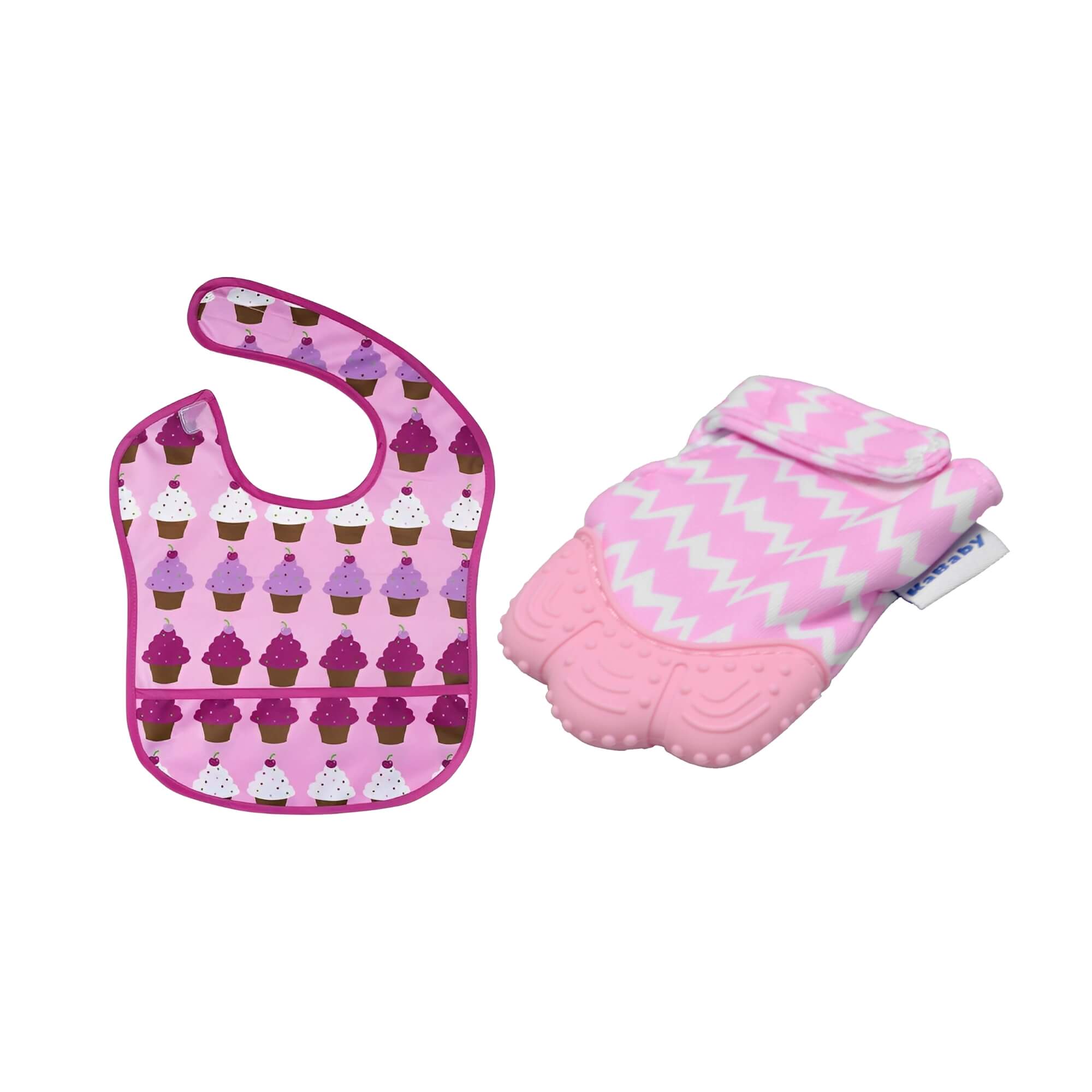 COMP Kit Kababy Babador Impermeável Rosa Cupcake + Mordedor Luvinha Rosa c/ Silicone