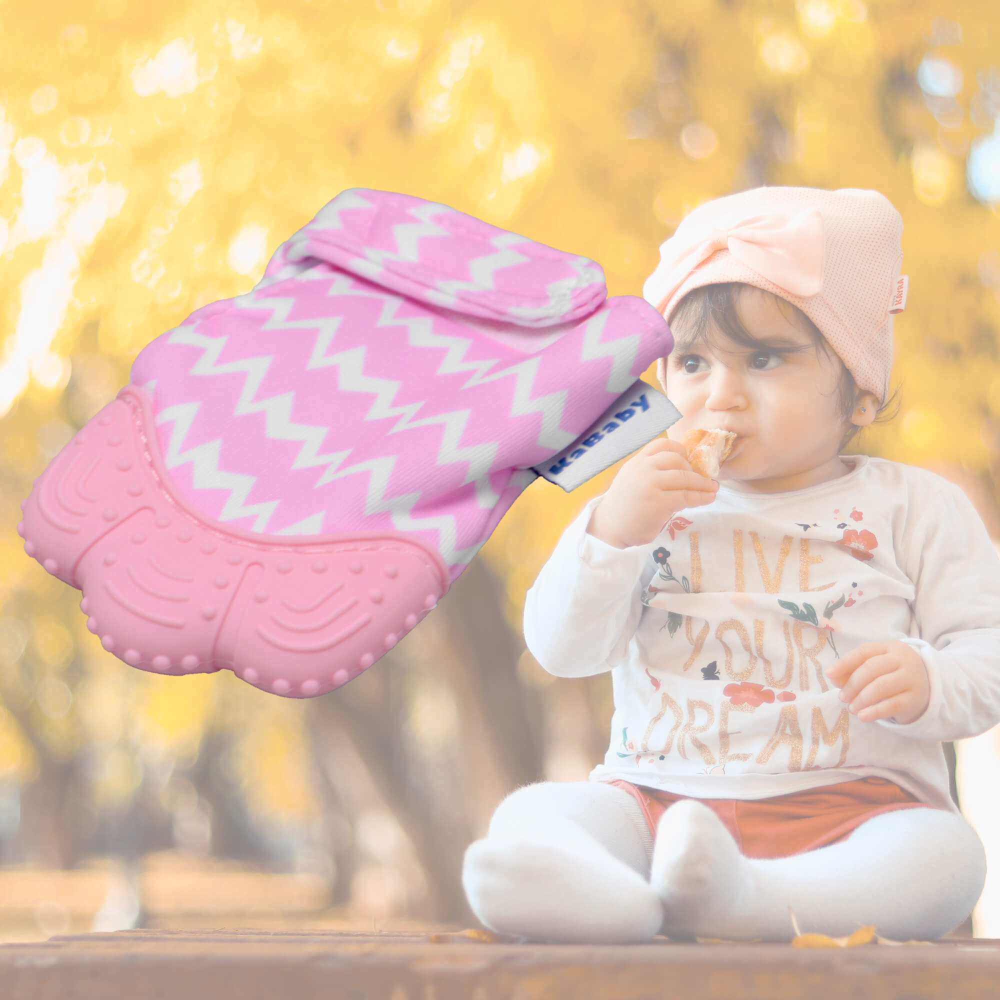 COMP Kit 2 Mordedores Luvinha Rosa Kababy Silicone c/ Som Punho Ajustável – Livre de BPA