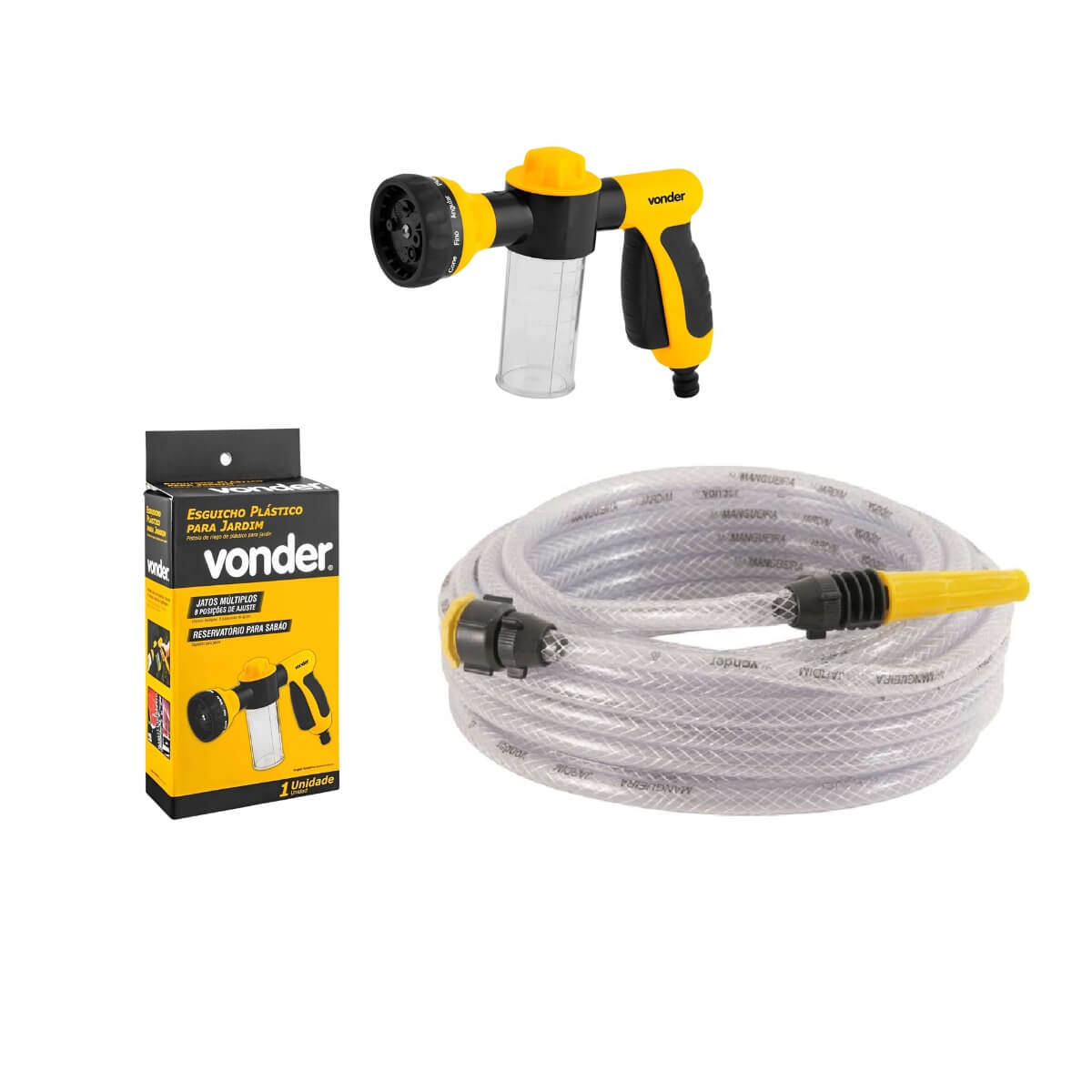 COMP Kit Mangueira Vonder 20m c/ Esguicho Simples + Esguicho 8 Funções Lock On p/ Jardim
