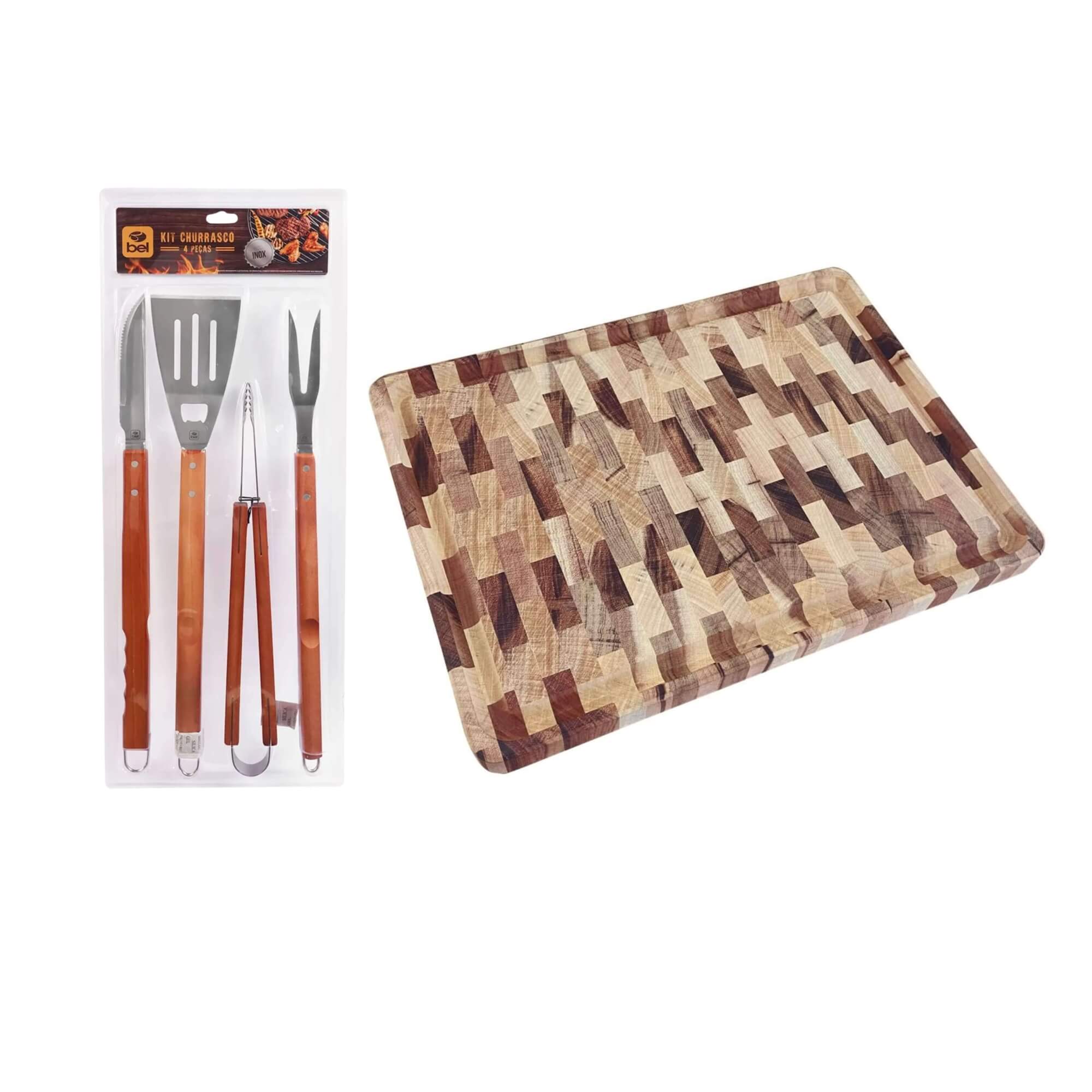 COMP Kit Tábua Tramontina Muiracatiara 45x34cm + Jogo Churrasco Inox 4 Peças Bel com Cabo de Madeira