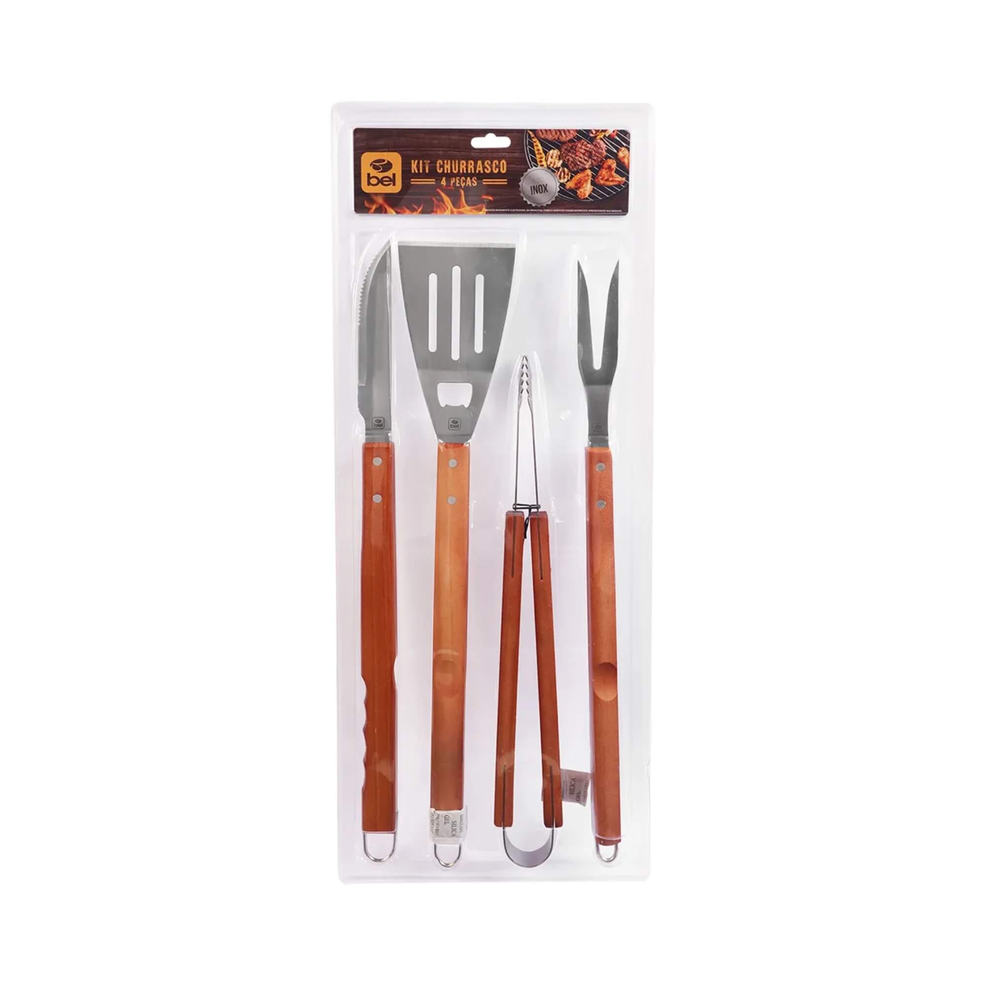 COMP Kit Tábua Tramontina Muiracatiara 45x34cm + Jogo Churrasco Inox 4 Peças Bel com Cabo de Madeira
