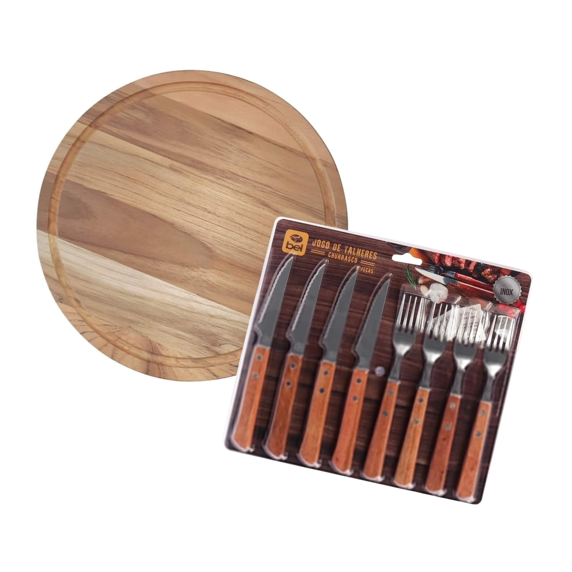 COMP Kit Prato de Churrasco Tramontina Teca + Talheres Inox c/ Cabo de Madeira 8 Peças Bel
