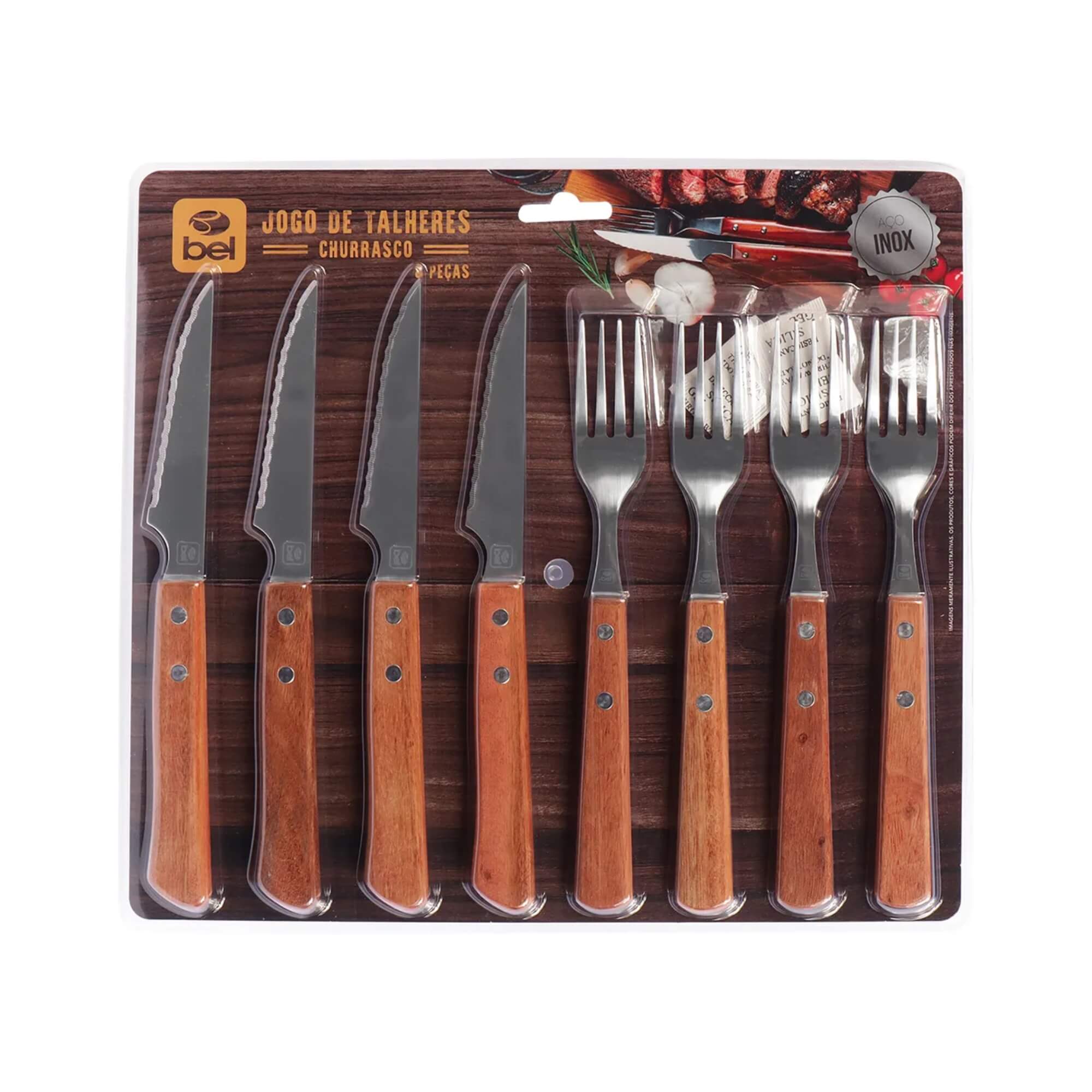 COMP Kit Prato de Churrasco Tramontina Teca + Talheres Inox c/ Cabo de Madeira 8 Peças Bel
