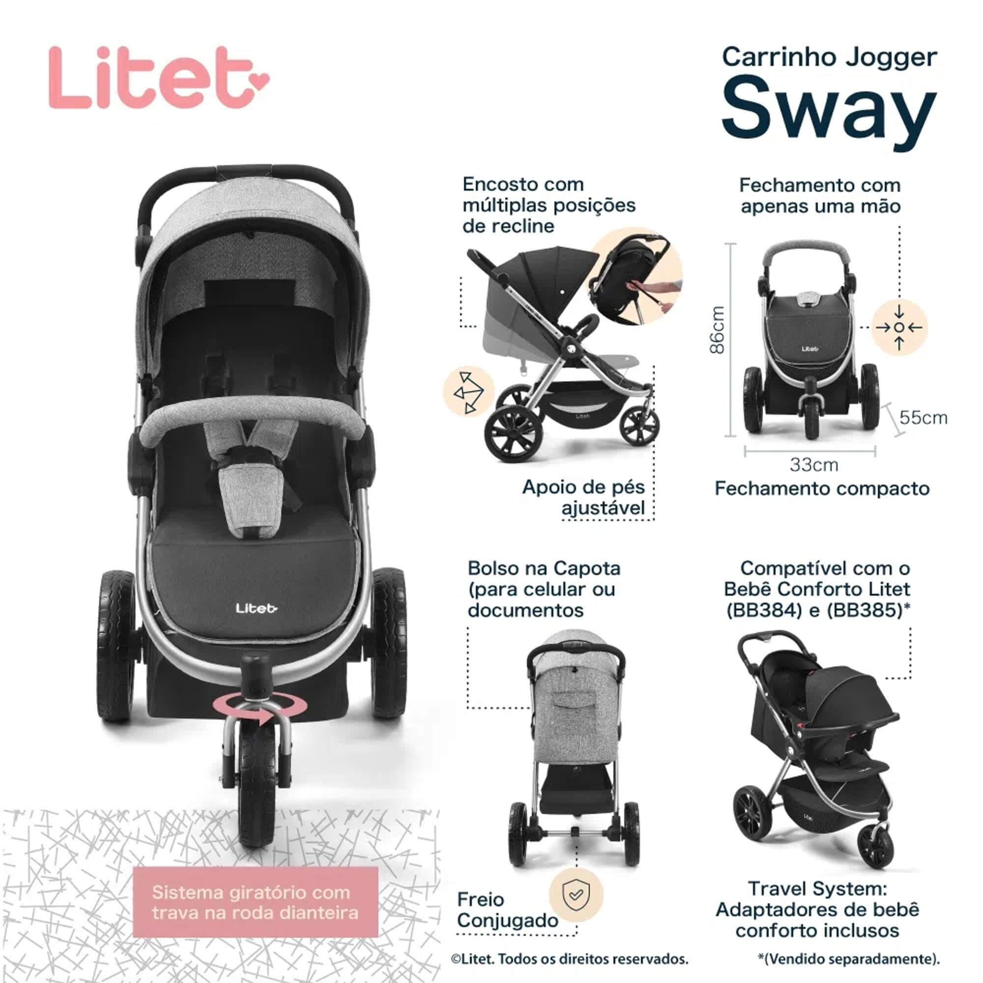 COMP Kit Carrinho Jogger 3 Rodas Sway Preto + Suporte de Cabeça Ajustável Safe Ride Multikids