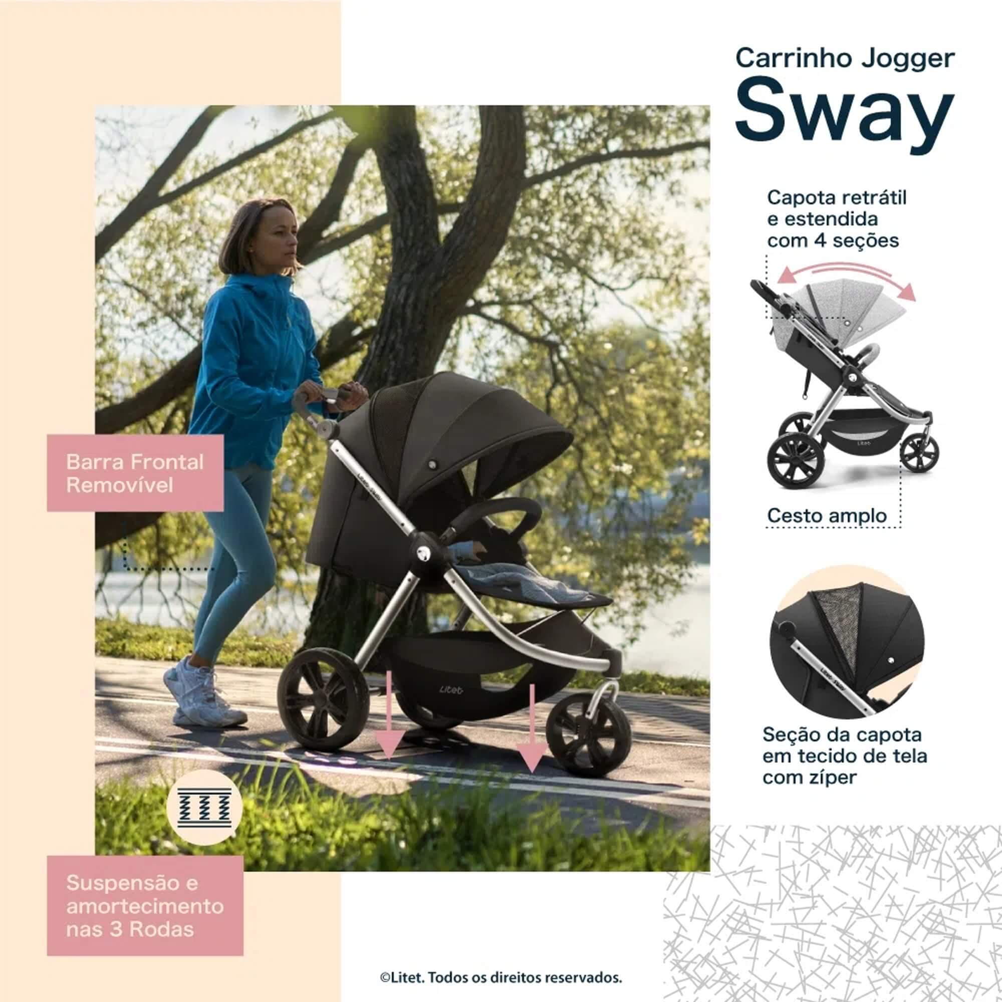 COMP Kit Carrinho Jogger 3 Rodas Sway Preto + Suporte de Cabeça Ajustável Safe Ride Multikids