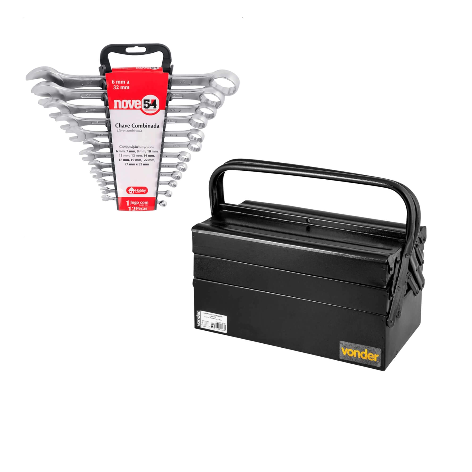 COMP Kit Caixa de Ferramentas Sanfonada Vonder Preta + Jogo Chaves Combinadas 12 Peças Nove54