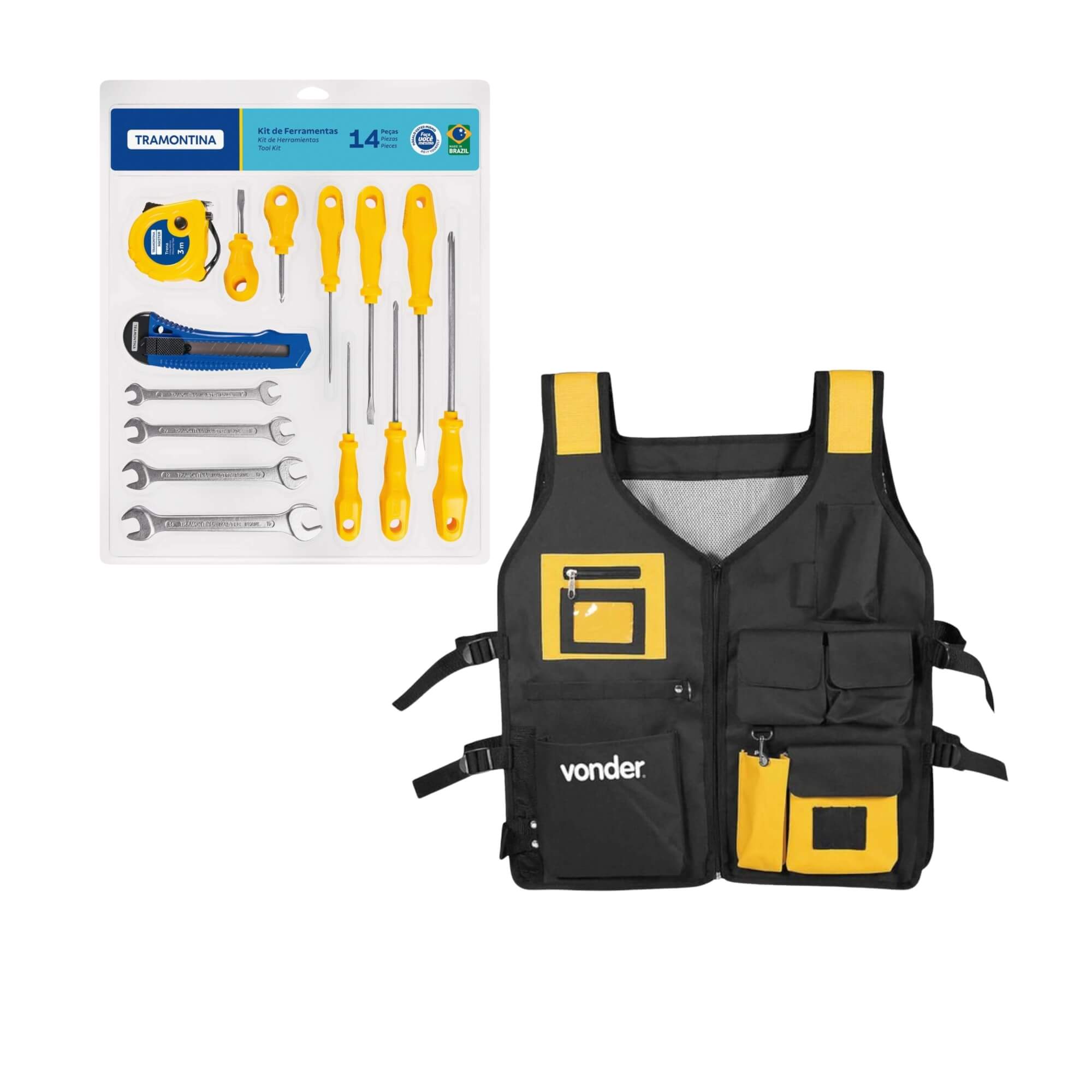 COMP Kit Jogo de Ferramentas Tramontina 14 Peças + Colete Porta-Ferramentas Lona Vonder
