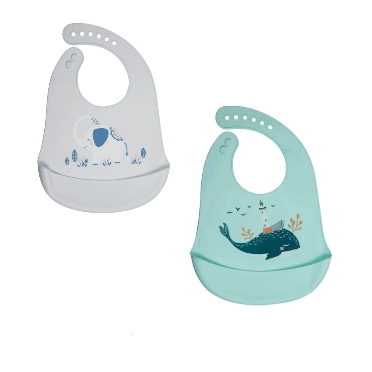 COMP Kit 2 Babadores de Silicone KaBaby Baleia + Elefante com Bolso Cata-Migalhas e Fecho Ajustável