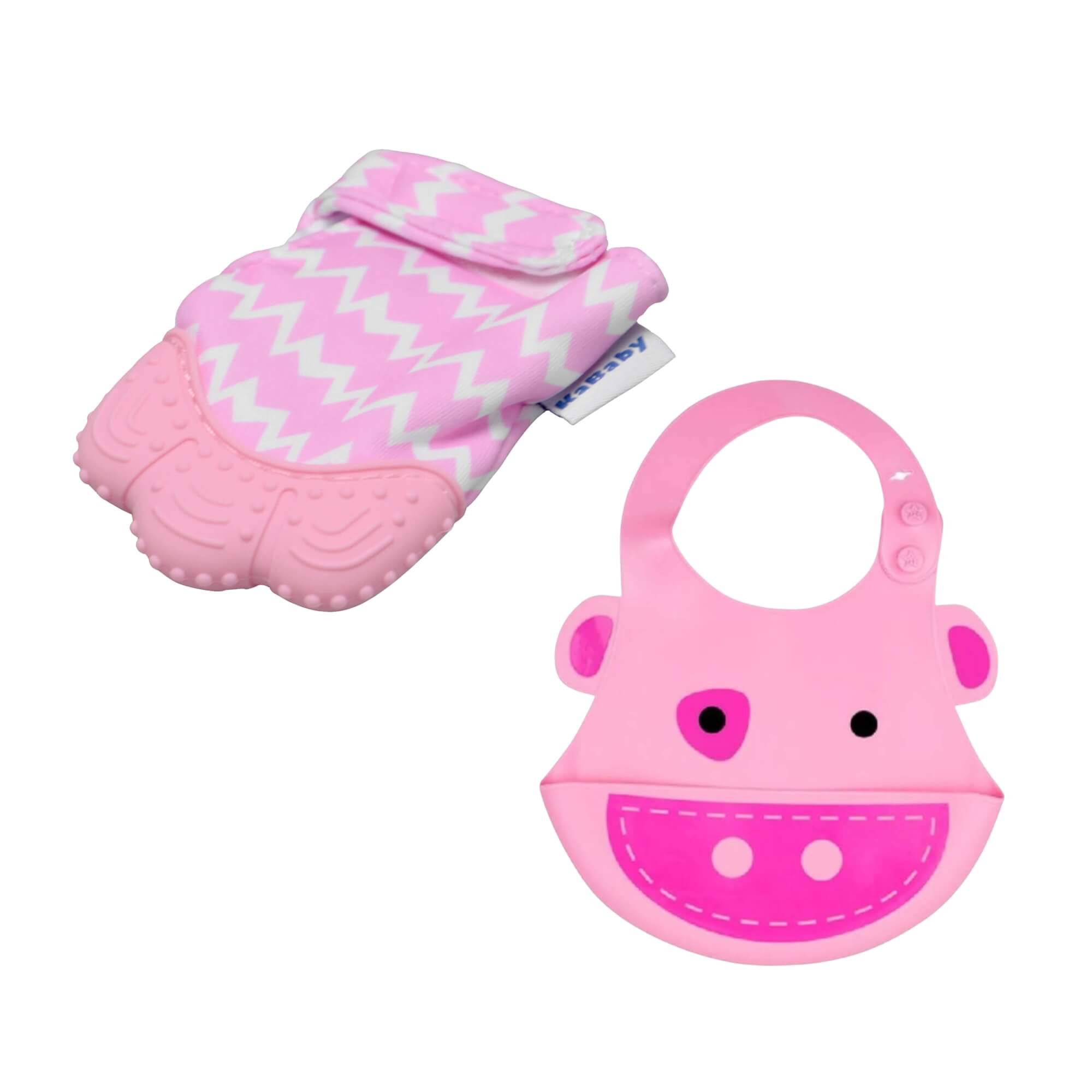 COMP Kit Babador Silicone Porquinho Rosa + Mordedor Luvinha Rosa p/ Bebê Kababy