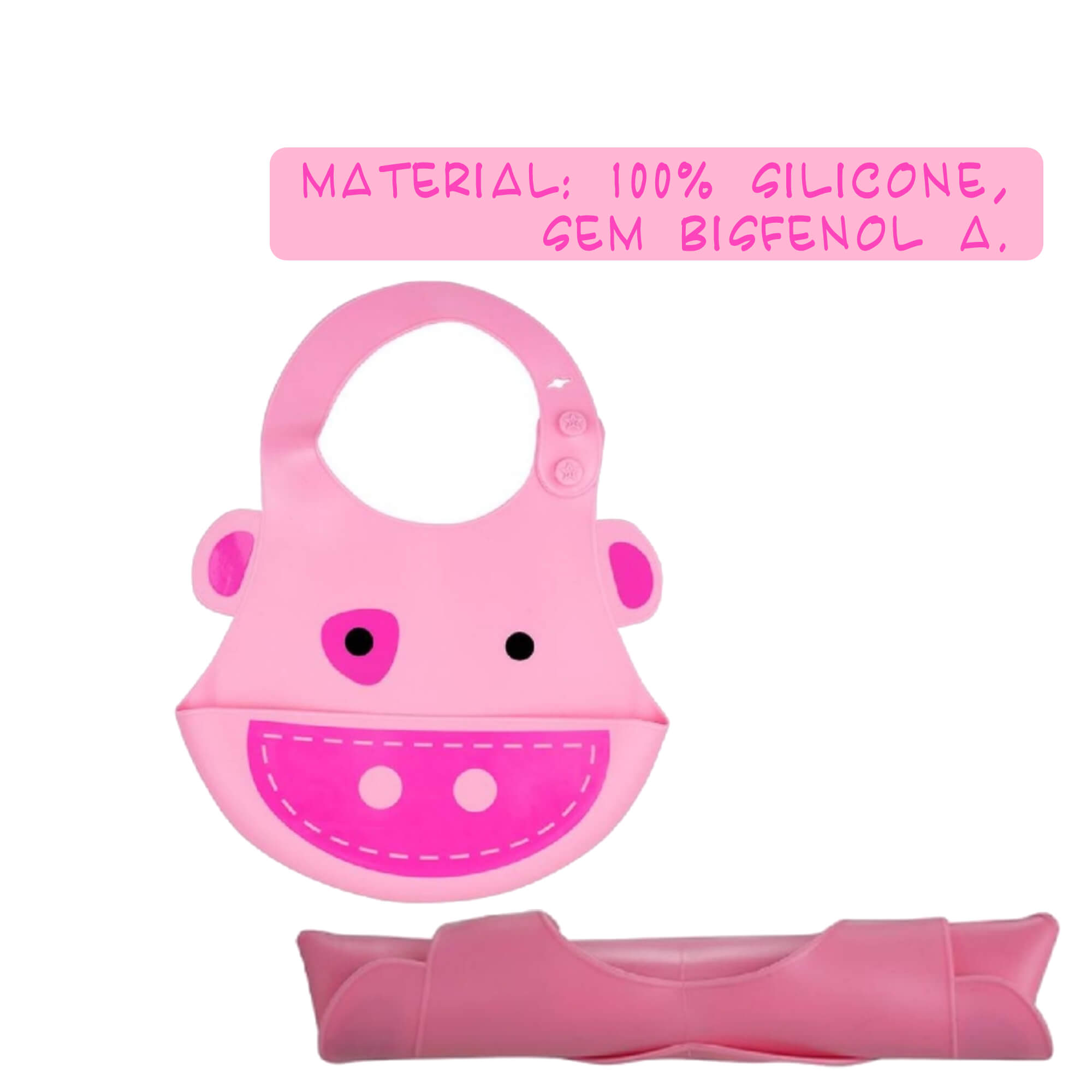 COMP Kit Babador Silicone Porquinho Rosa + Mordedor Luvinha Rosa p/ Bebê Kababy