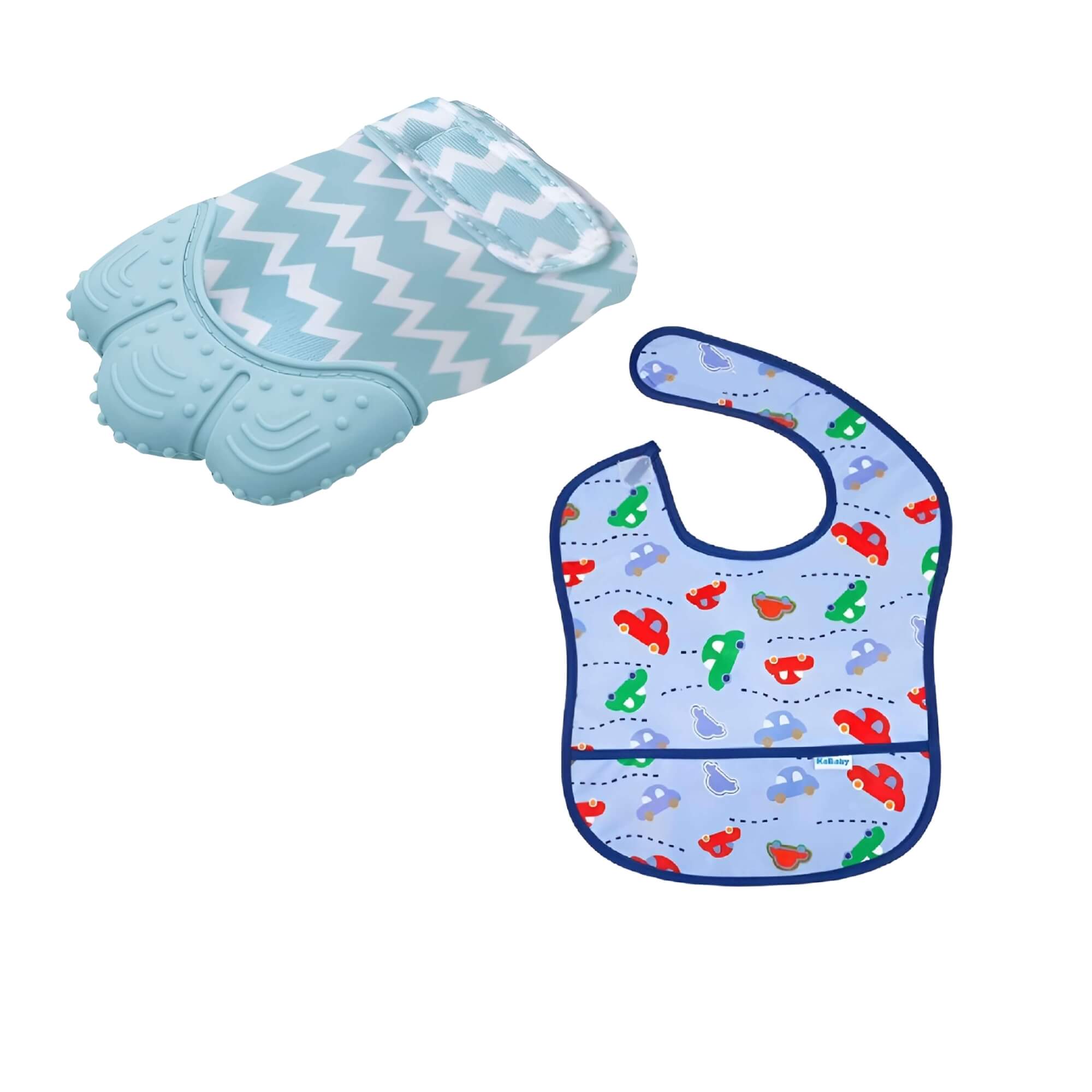 COMP Kit Babador Impermeável Carrinhos Azul + Mordedor Luvinha Azul Kababy p/ Bebê 6M+