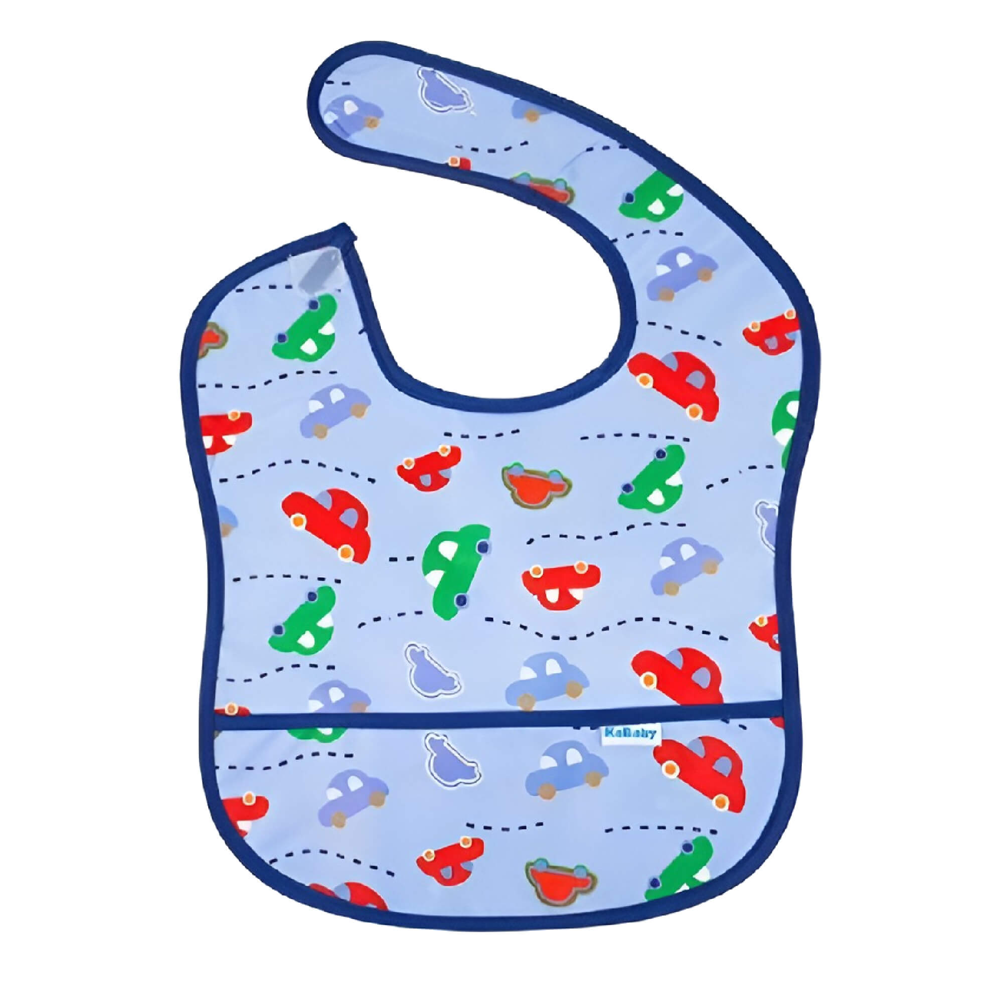 Kit Babador Impermeável Carrinhos Azul + Mordedor Luvinha Azul Kababy p/ Bebê 6M+