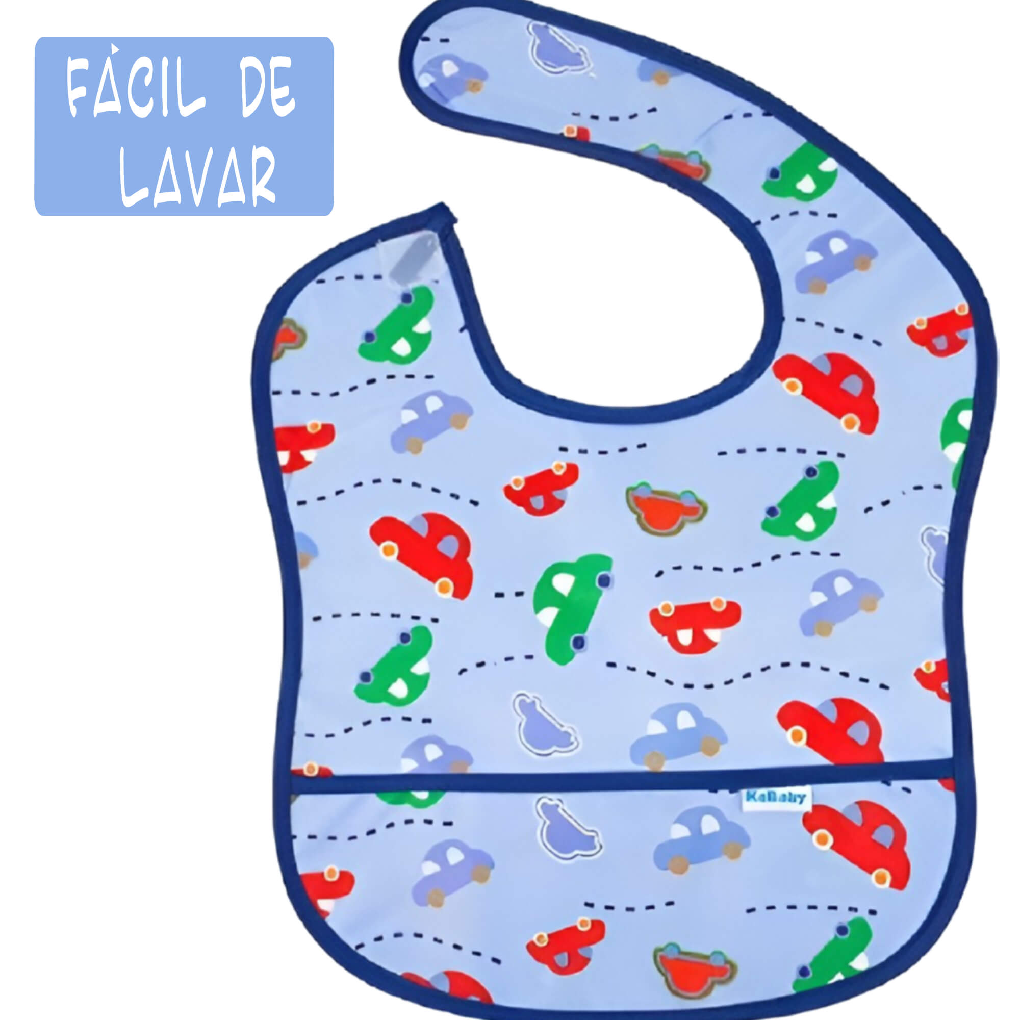 COMP Kit Babador Impermeável Carrinhos Azul + Mordedor Luvinha Azul Kababy p/ Bebê 6M+