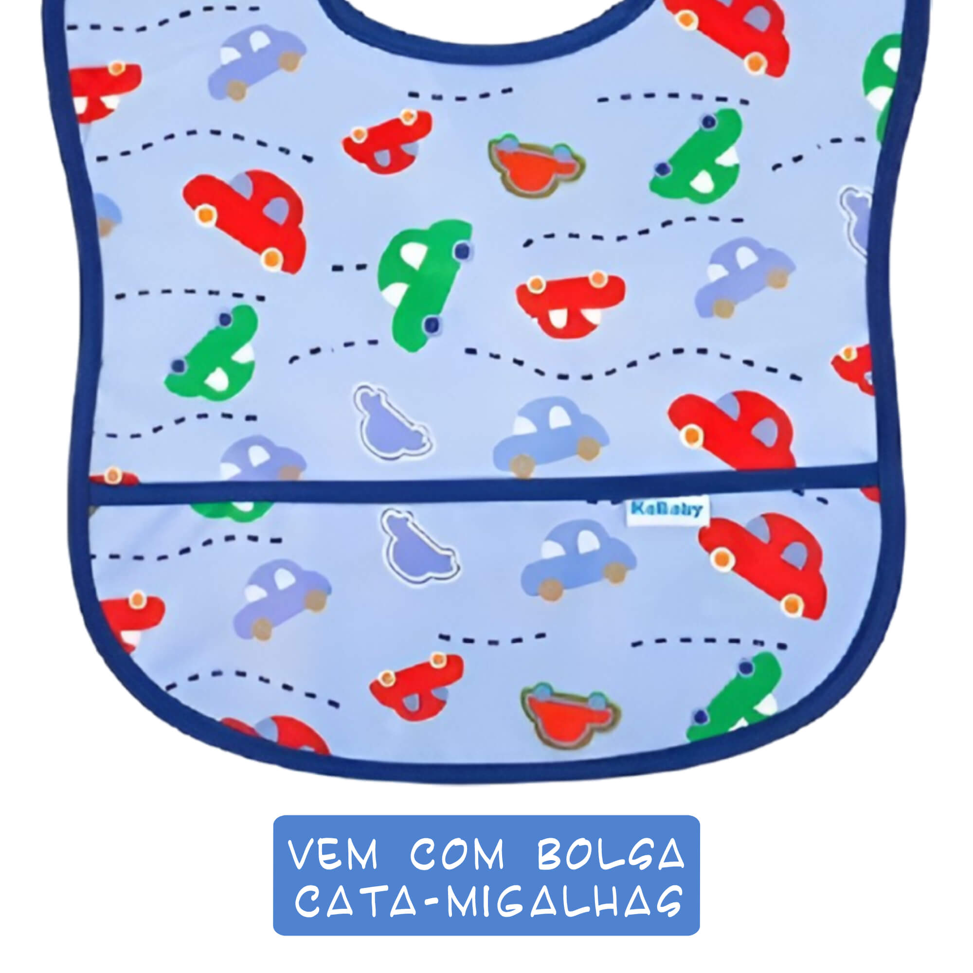 COMP Kit Babador Impermeável Carrinhos Azul + Mordedor Luvinha Azul Kababy p/ Bebê 6M+