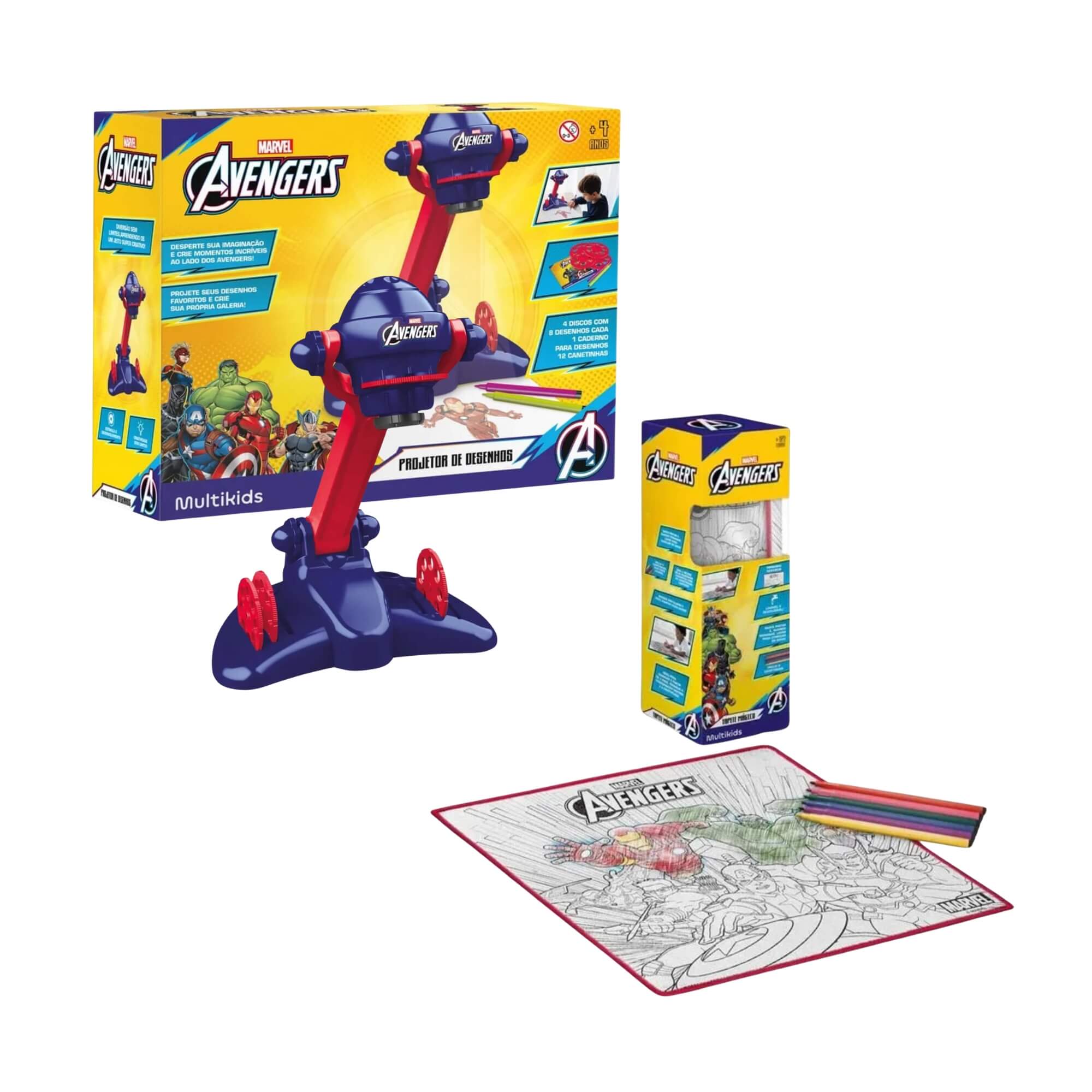 COMP Kit Projetor de Desenhos Avengers + Tapete Mágico Acqua p/ Colorir com Canetinhas Multikids
