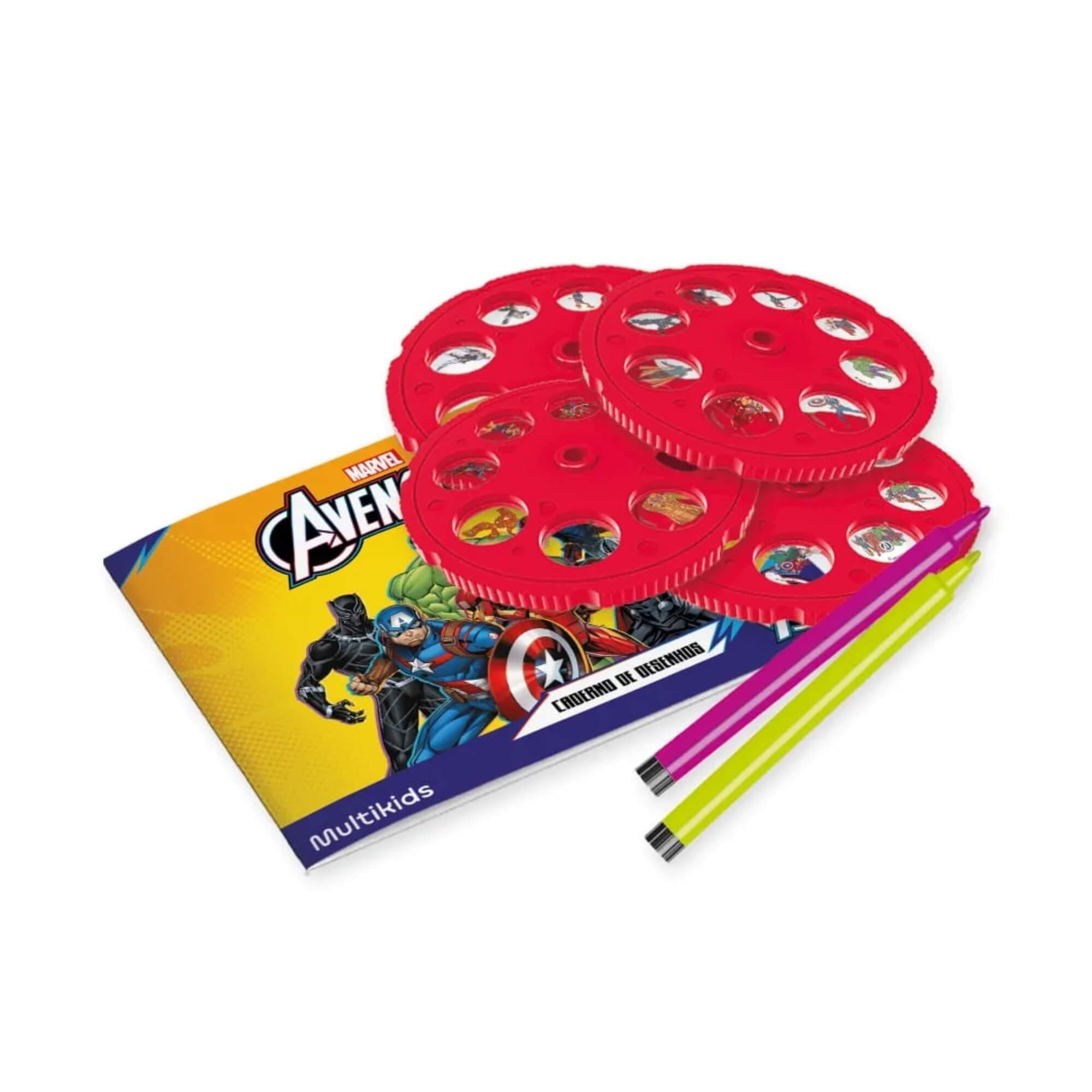 COMP Kit Projetor de Desenhos Avengers + Tapete Mágico Acqua p/ Colorir com Canetinhas Multikids