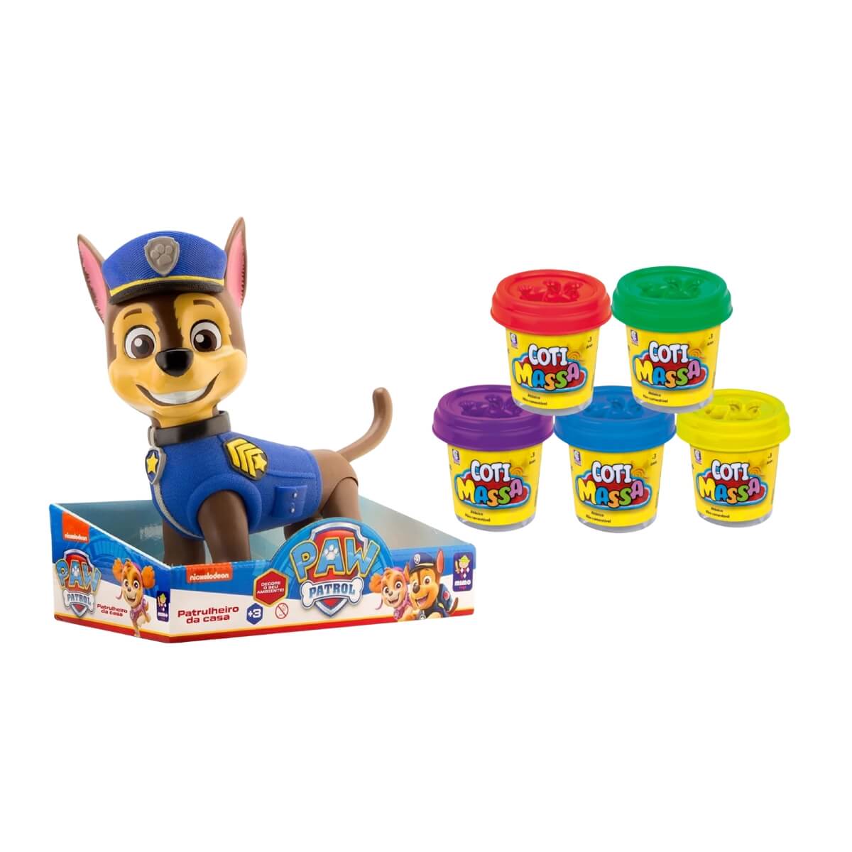 COMP Kit Boneco Gigante Chase Patrulha Canina + 5 Massinhas de Modelar Coti Massa Cotiplas