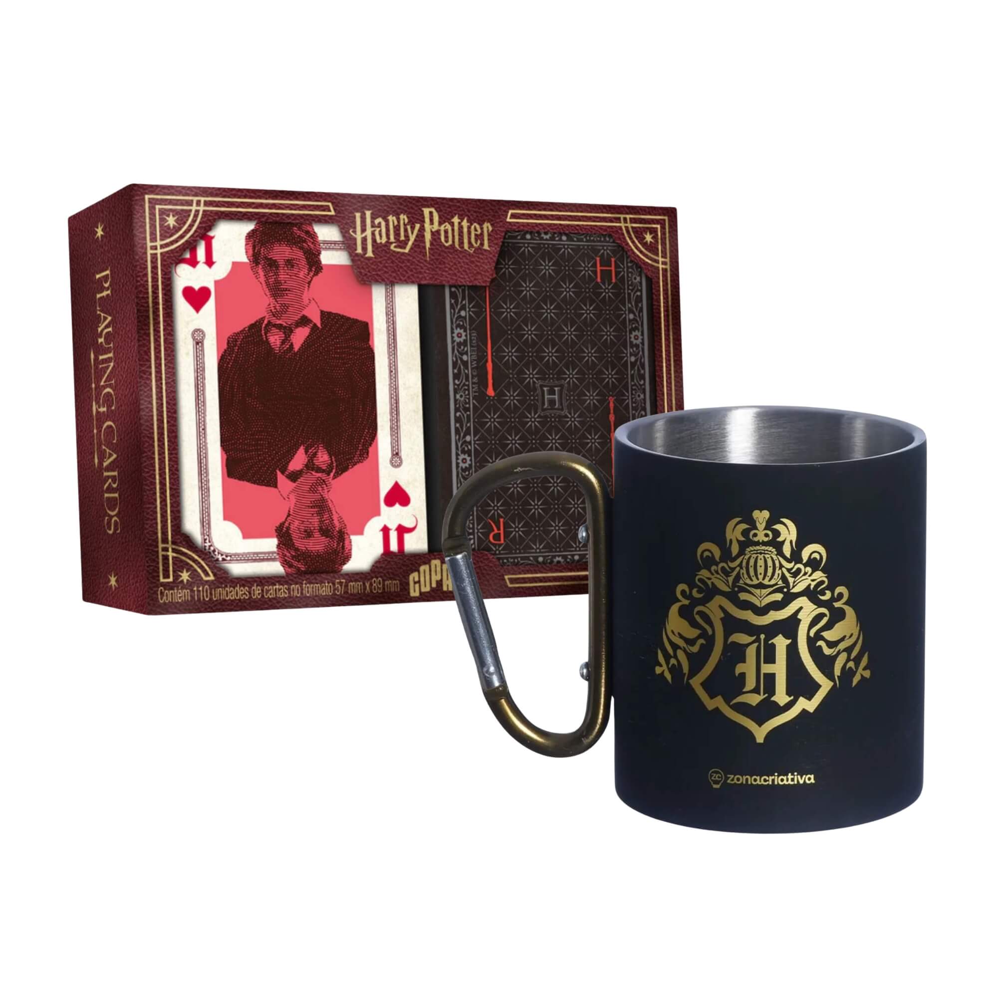 COMP Kit Caneca Aço Inox Mosquetão Harry Potter 300ml + Baralho Copag 110 Cartas