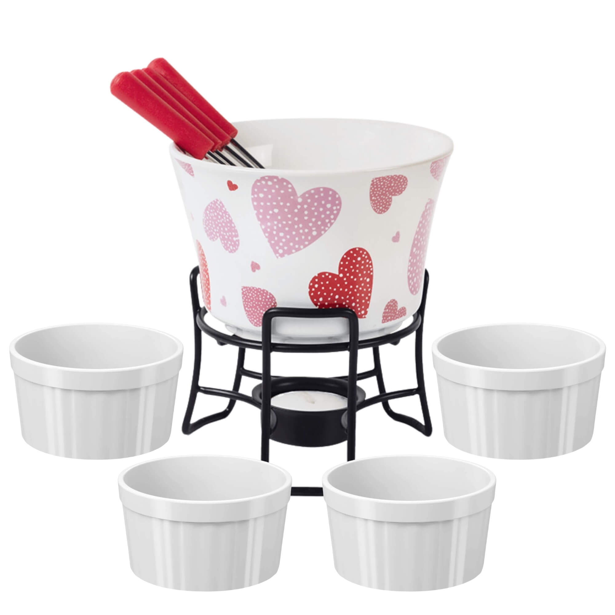 COMP Kit Fondue 7 Peças Brinox Corações + 4 Tigelas Ramekin Coza Uno 220ml Branca