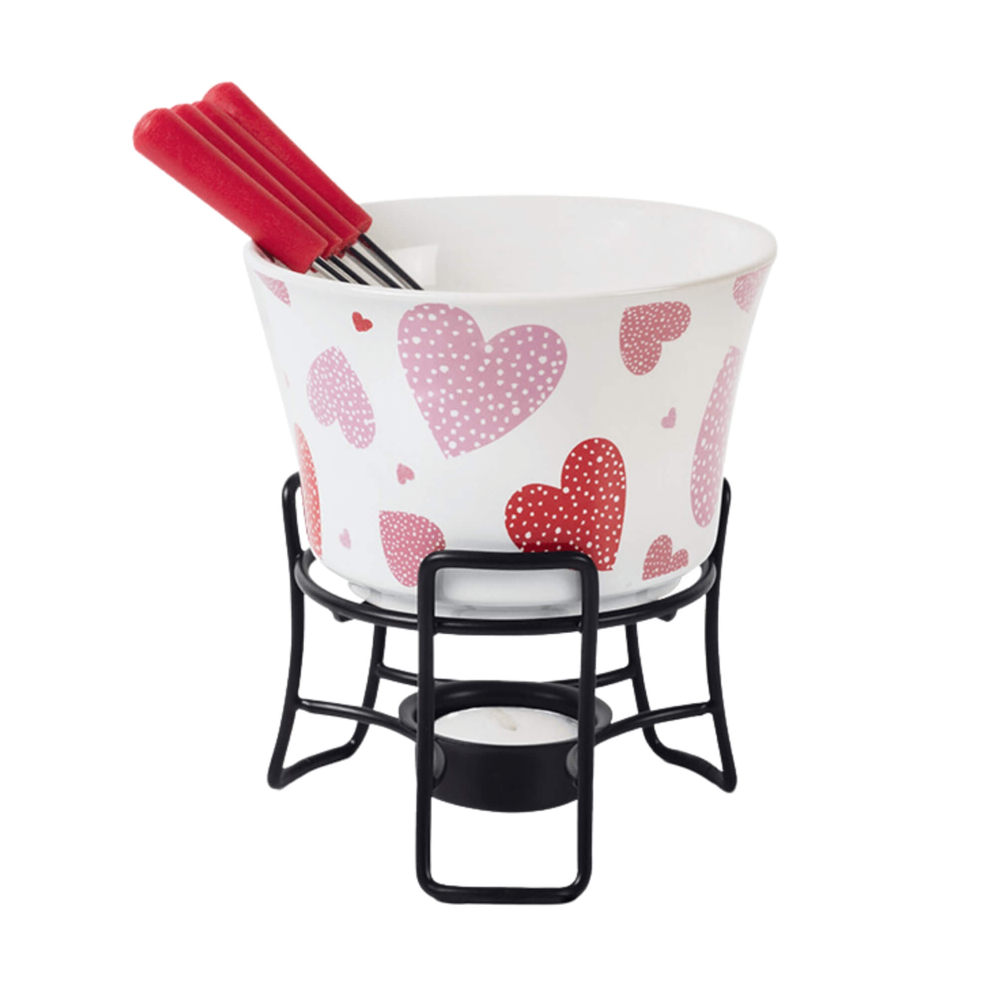 COMP Kit Fondue 7 Peças Brinox Corações + 4 Tigelas Ramekin Coza Uno 220ml Branca