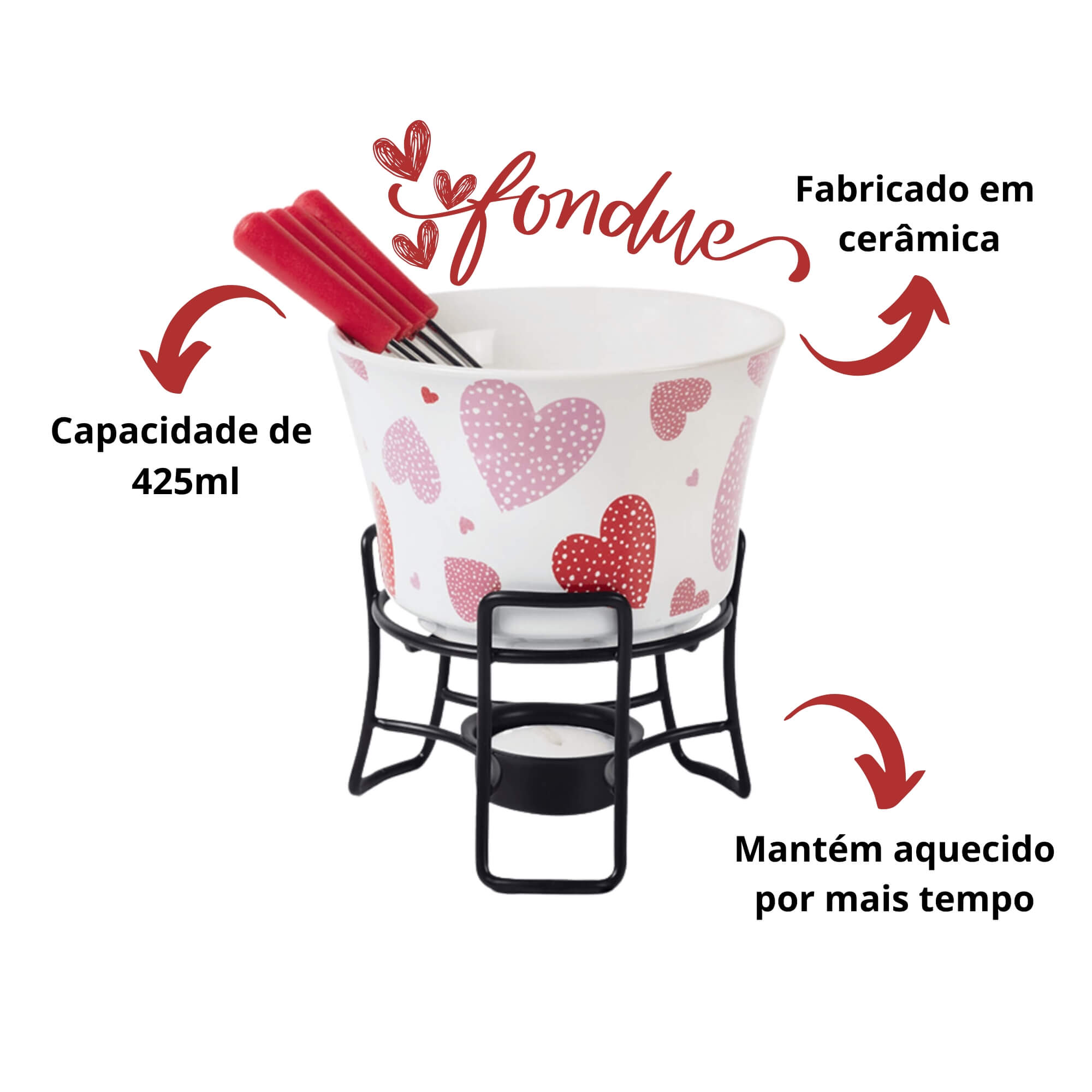 COMP Kit Fondue 7 Peças Brinox Corações + 4 Tigelas Ramekin Coza Uno 220ml Branca