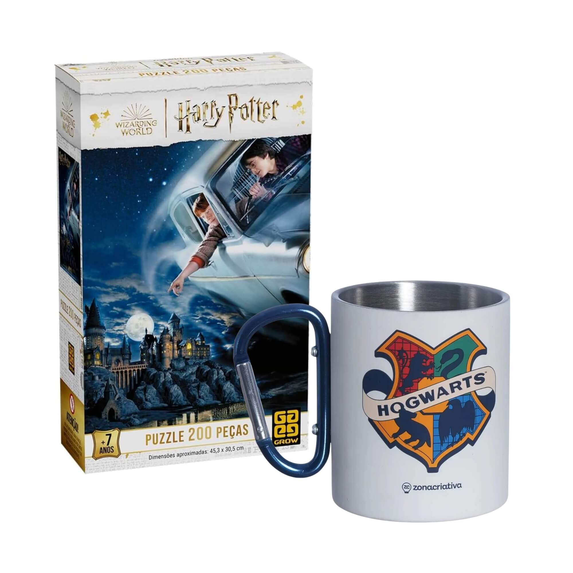 COMP Kit Harry Potter Caneca Mosquetão Hogwarts 300ml + Quebra-Cabeça 200 Peças Hogwarts