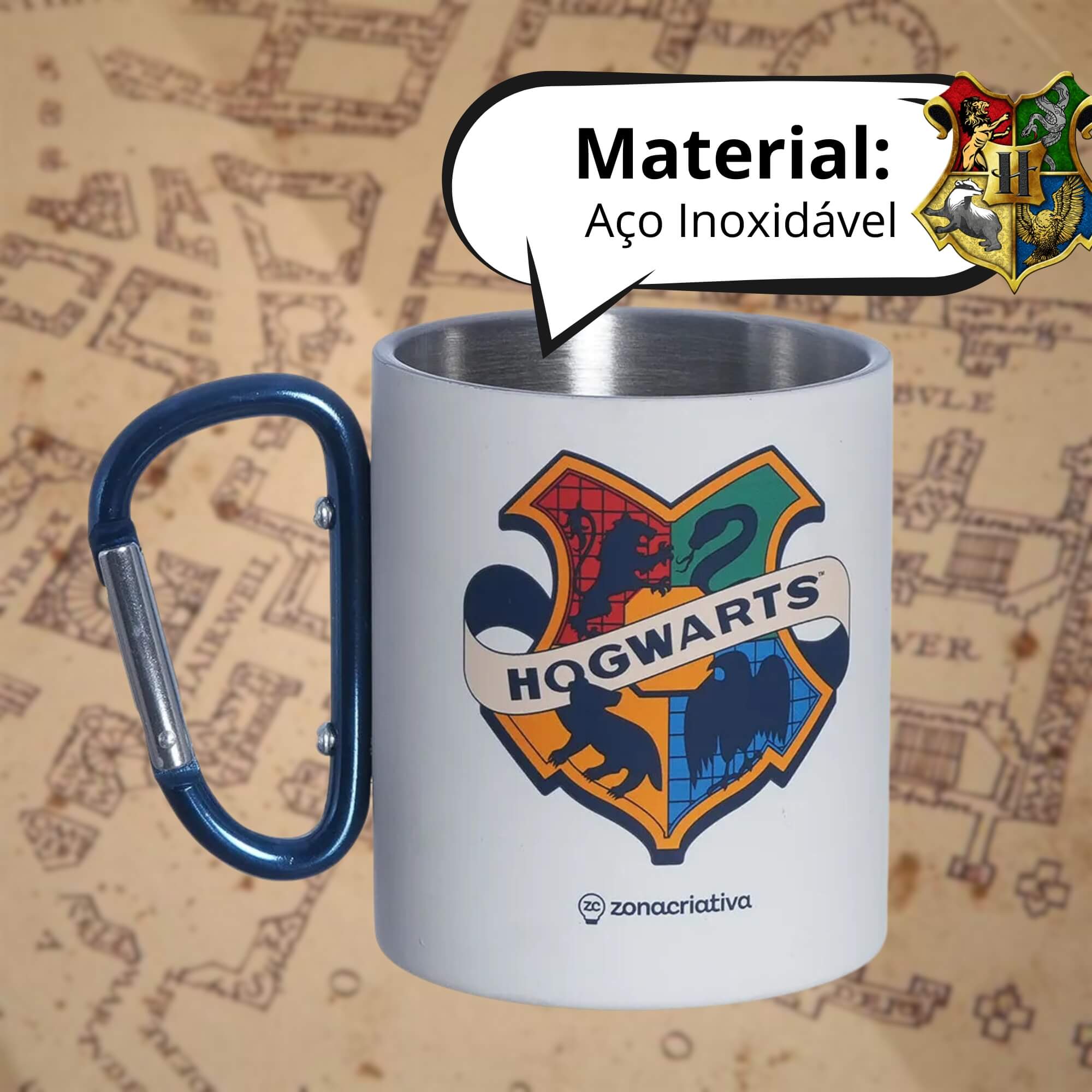 COMP Kit Harry Potter Caneca Mosquetão Hogwarts 300ml + Quebra-Cabeça 200 Peças Hogwarts