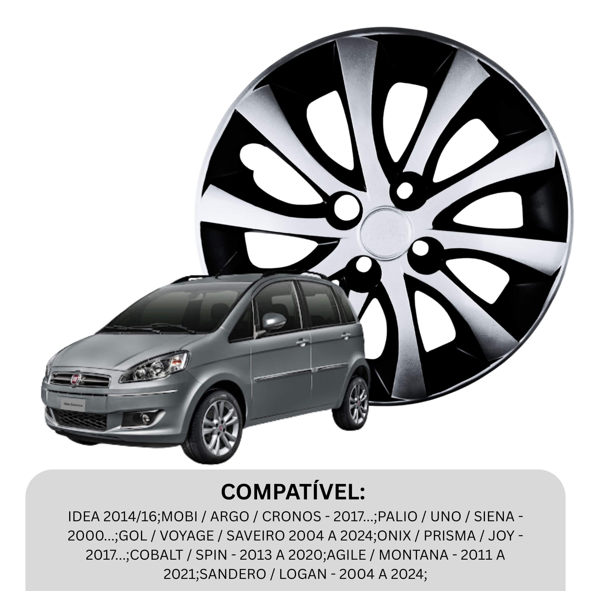 Calota Aro 15" Preto/Prata Mod Idea 2014/2016 Jogo c/4 Calotas Grid - 225CP-PBP-E