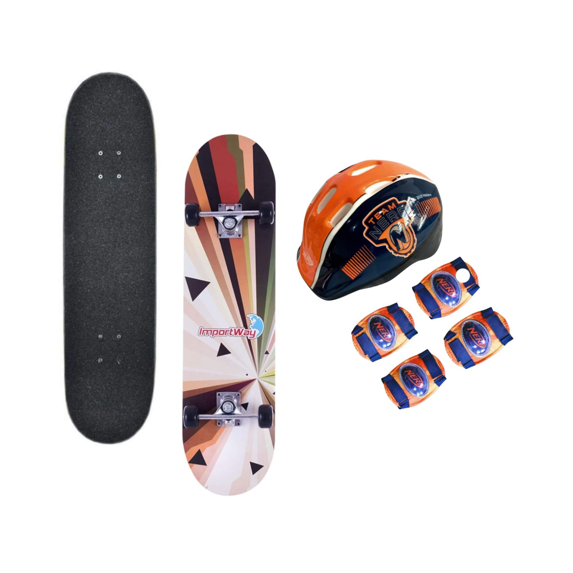 COMP Kit Skate Infantil 31" Madeira + Kit Proteção Nerf Capacete Joelheira Cotoveleira 6+ Anos