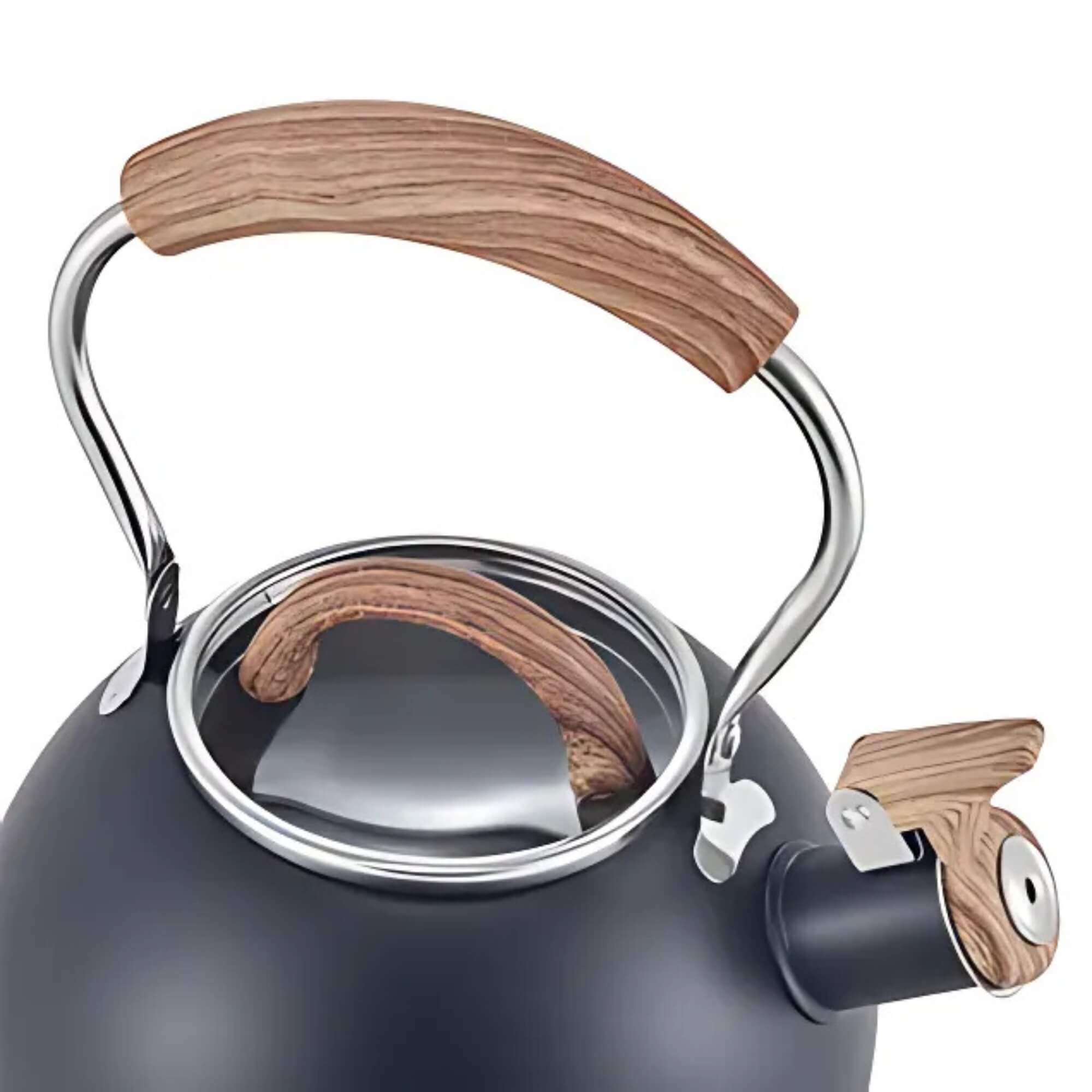Chaleira Inox 2,0L Preta com Apito p/ Indução Cabo de Baquelite Amadeirado MTA - 1218