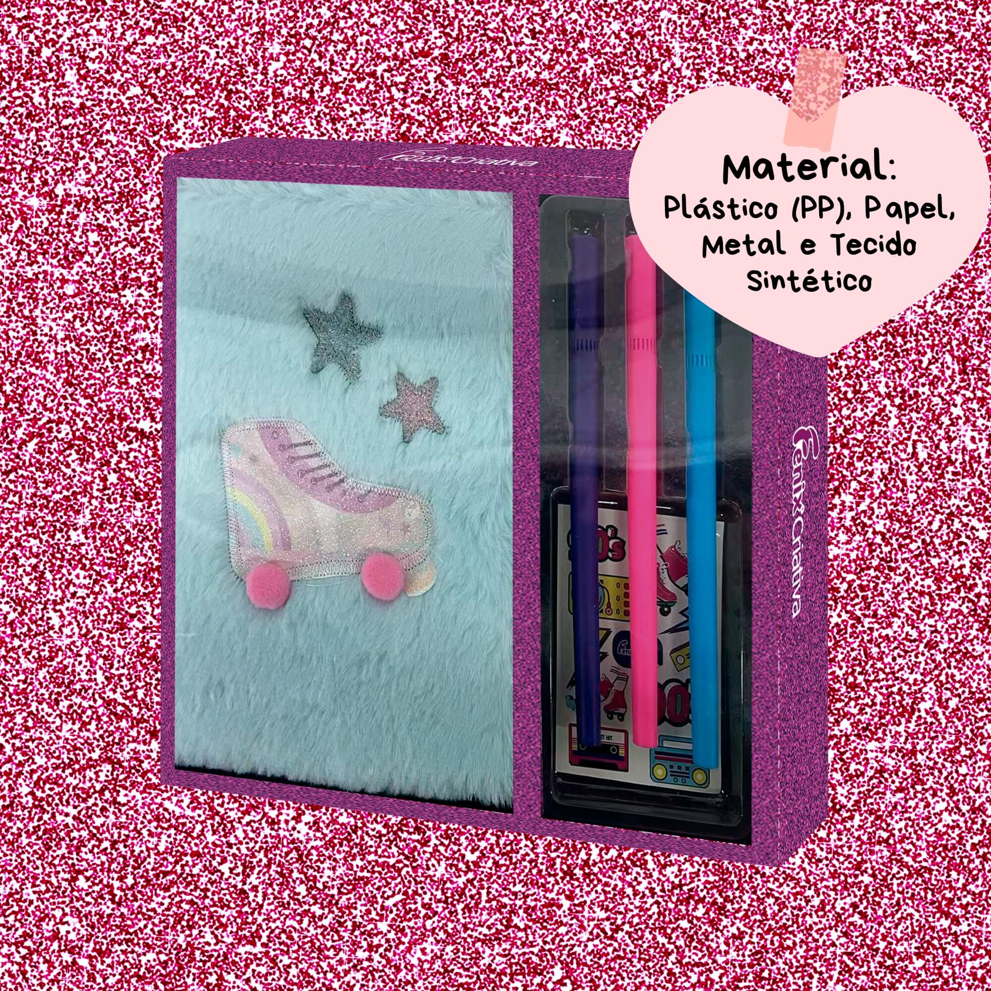 Kit Caderno Plush Patins com Canetas e Adesivos Fenix - FPM-569