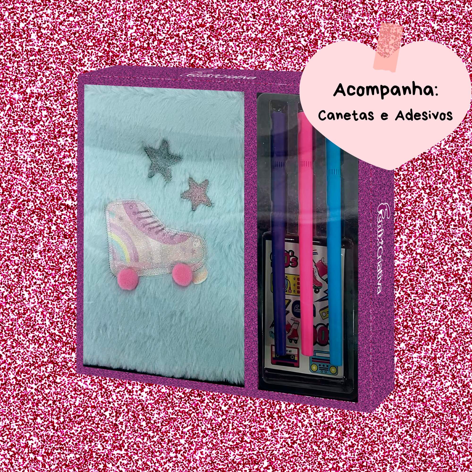 Kit Caderno Plush Patins com Canetas e Adesivos Fenix - FPM-569