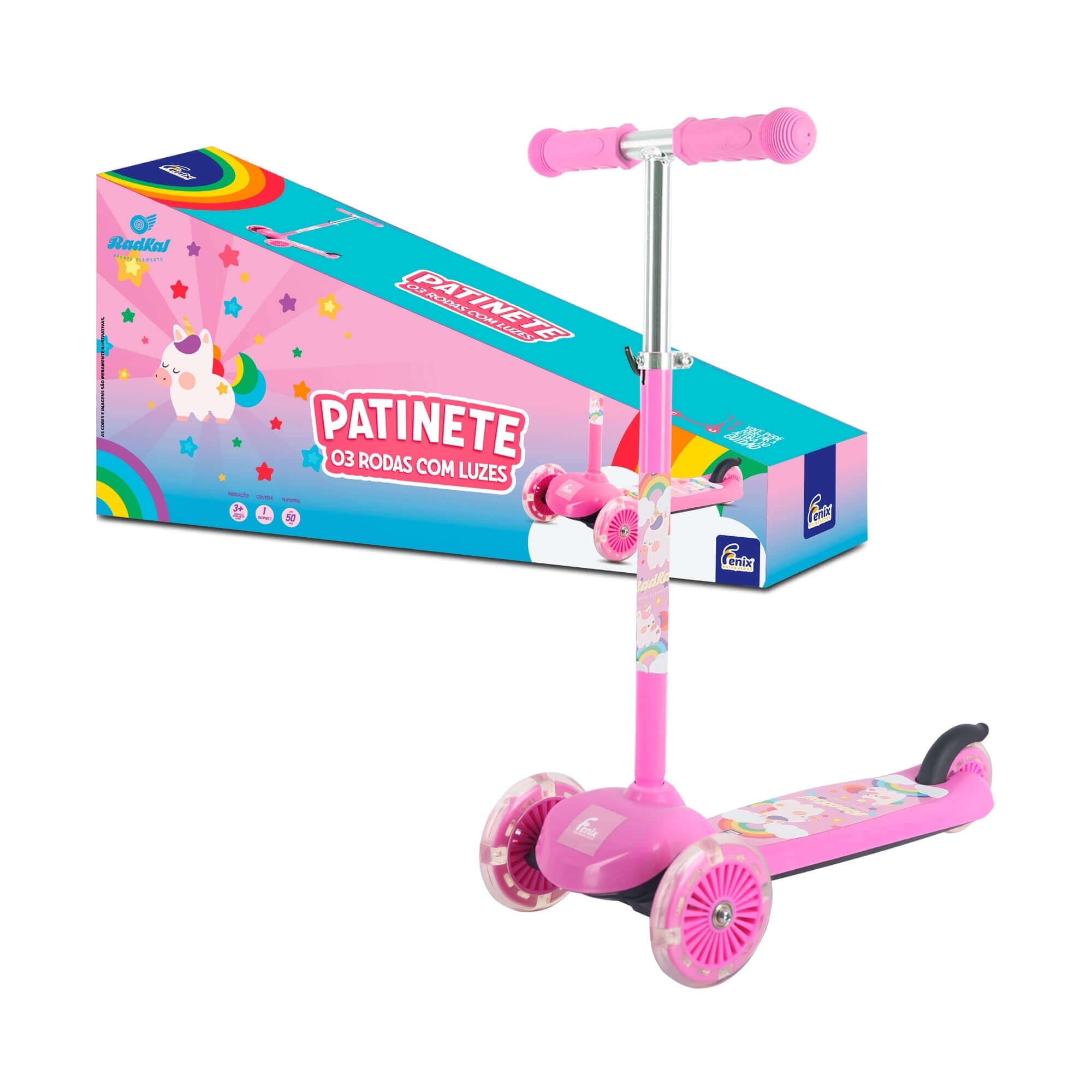 Patinete Infantil 3 Rodas Unicórnio com Luz Fenix - PTA-02U
