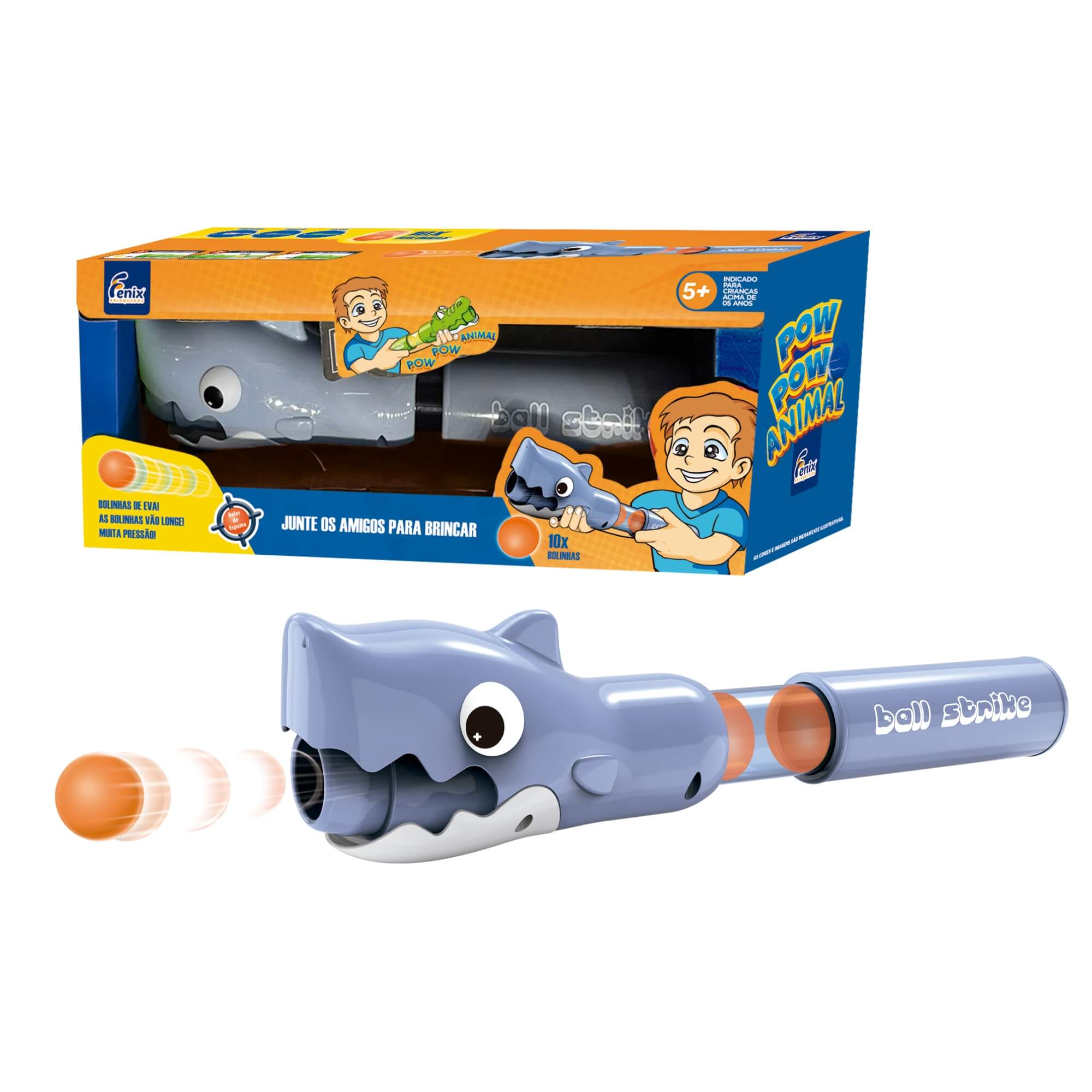Lançador de Bolinhas Infantil Pow Pow Tubarão com 10 Bolinhas EVA Fenix - PPA-499T