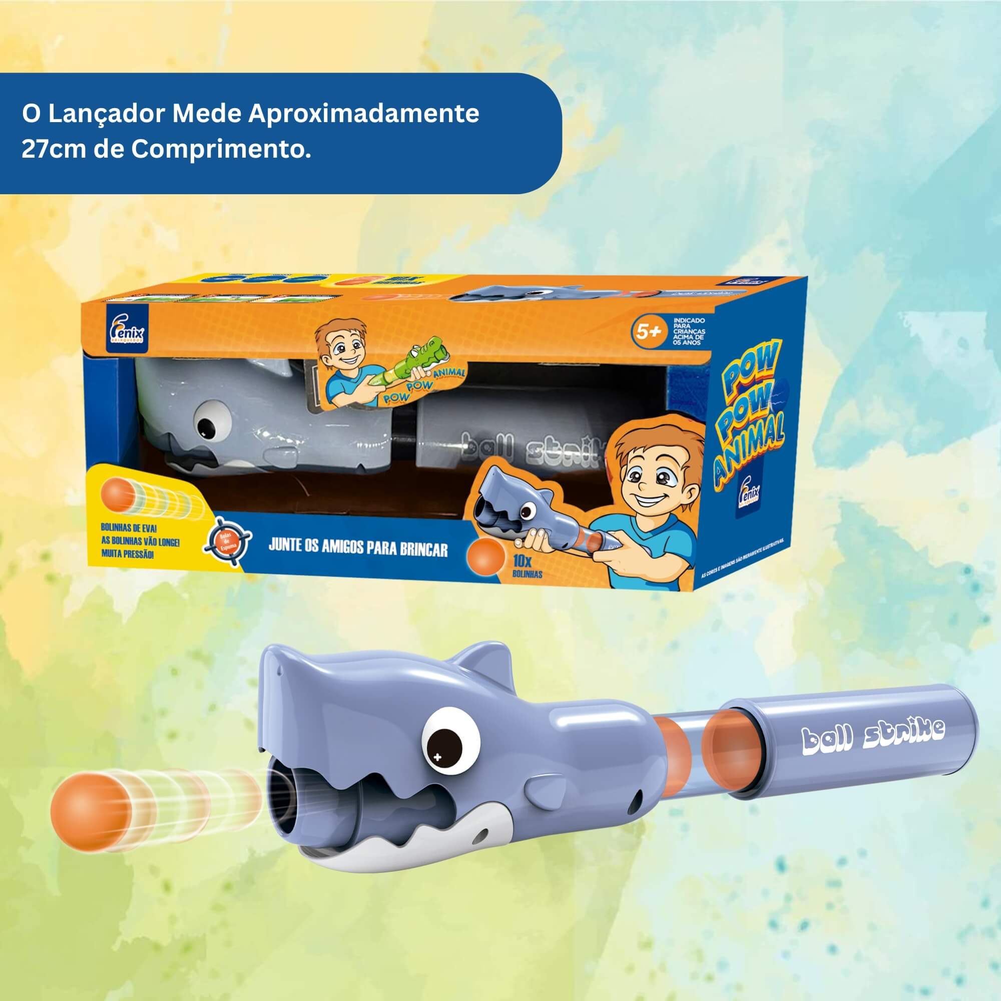 Lançador de Bolinhas Infantil Pow Pow Tubarão com 10 Bolinhas EVA Fenix - PPA-499T