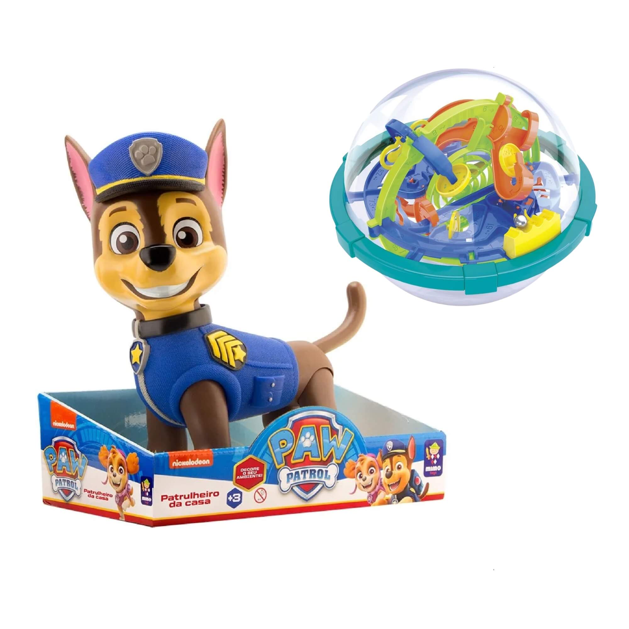 COMP Kit Boneco Chase 40cm Patrulha Canina Mimo Toys + Bola Labirinto 3D c/ 100 Desafios Multikids