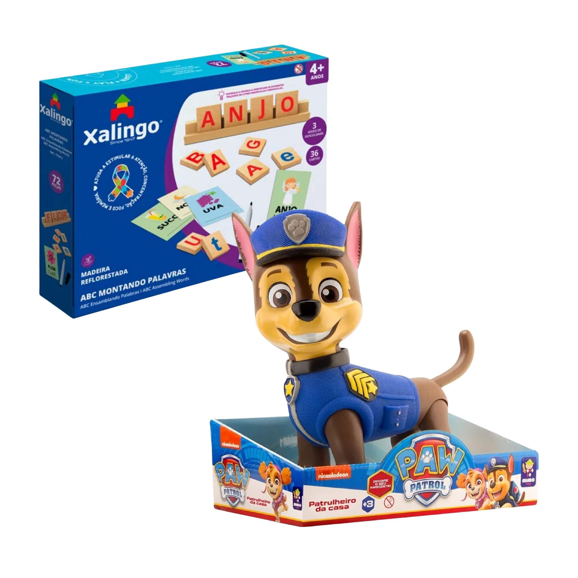 COMP Kit Boneco Chase 40cm Patrulha Canina + Jogo ABC Montando Palavras II 72 Peças Xalingo