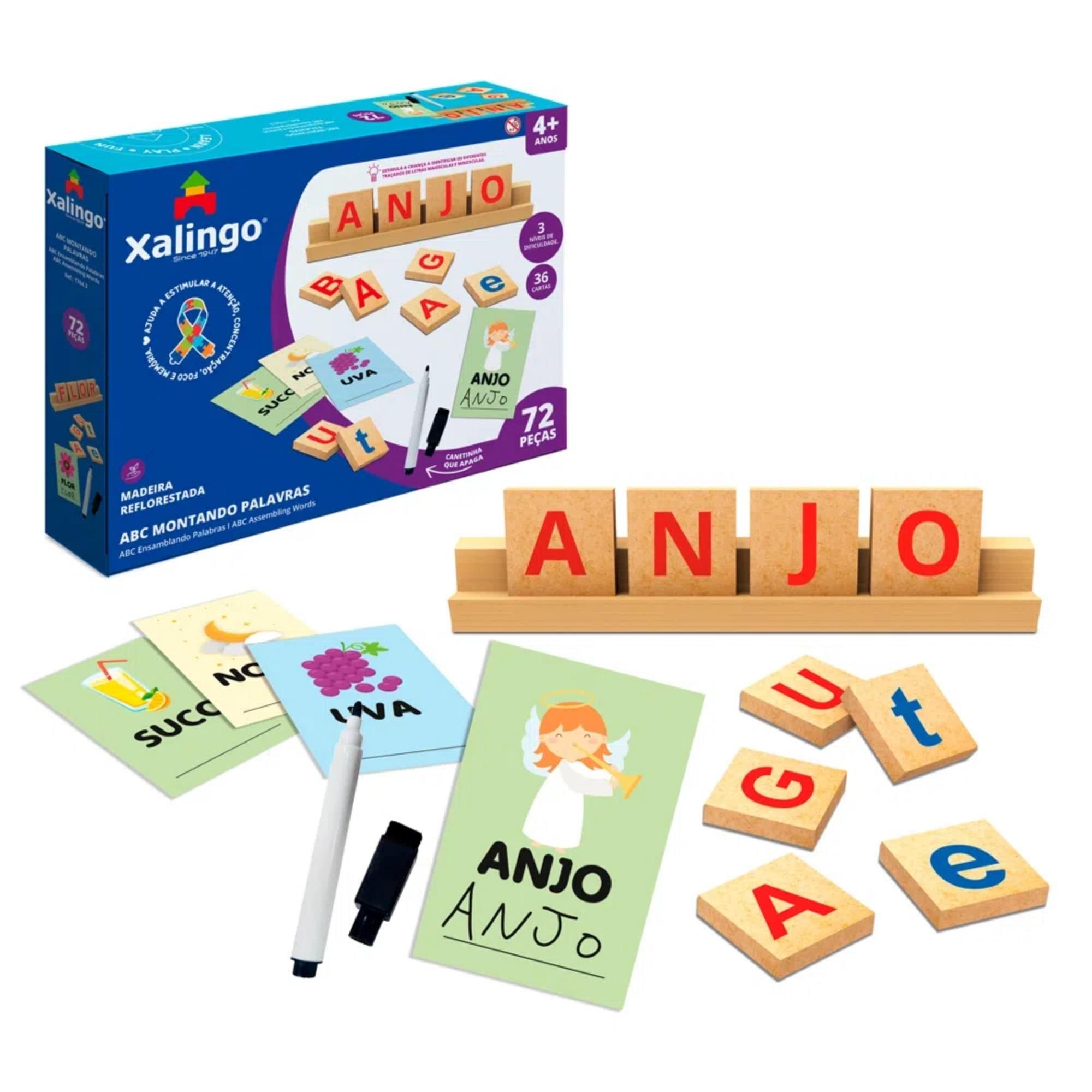 COMP Kit Boneco Chase 40cm Patrulha Canina + Jogo ABC Montando Palavras II 72 Peças Xalingo