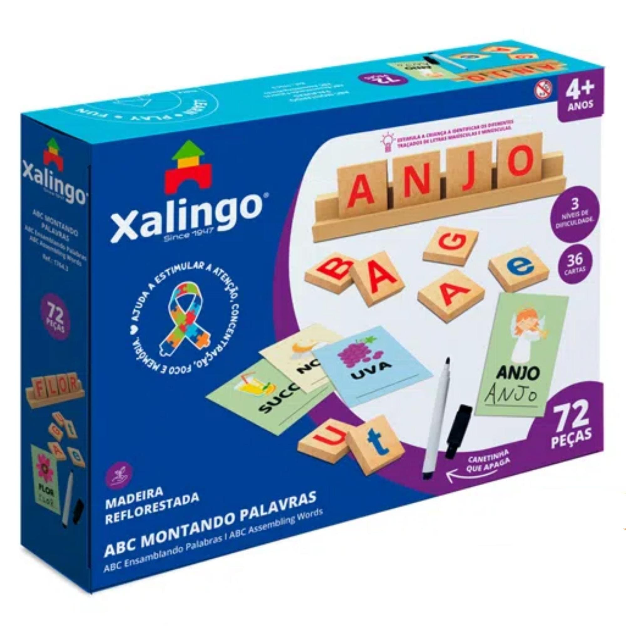 COMP Kit Boneco Chase 40cm Patrulha Canina + Jogo ABC Montando Palavras II 72 Peças Xalingo