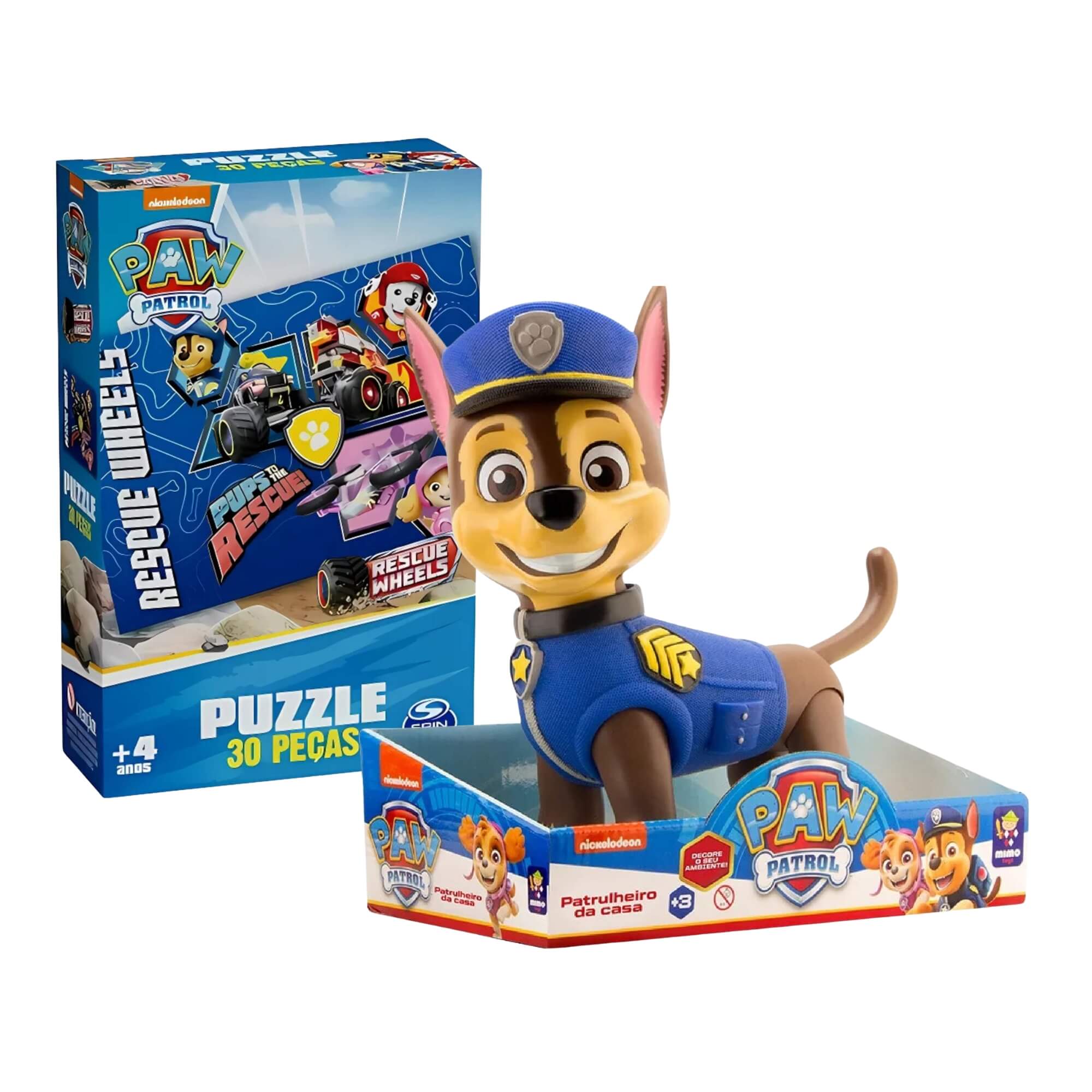 COMP Kit Boneco Chase 40cm Patrulha Canina Mimo Toys + Quebra-Cabeça 30 Peças Grow Infantil