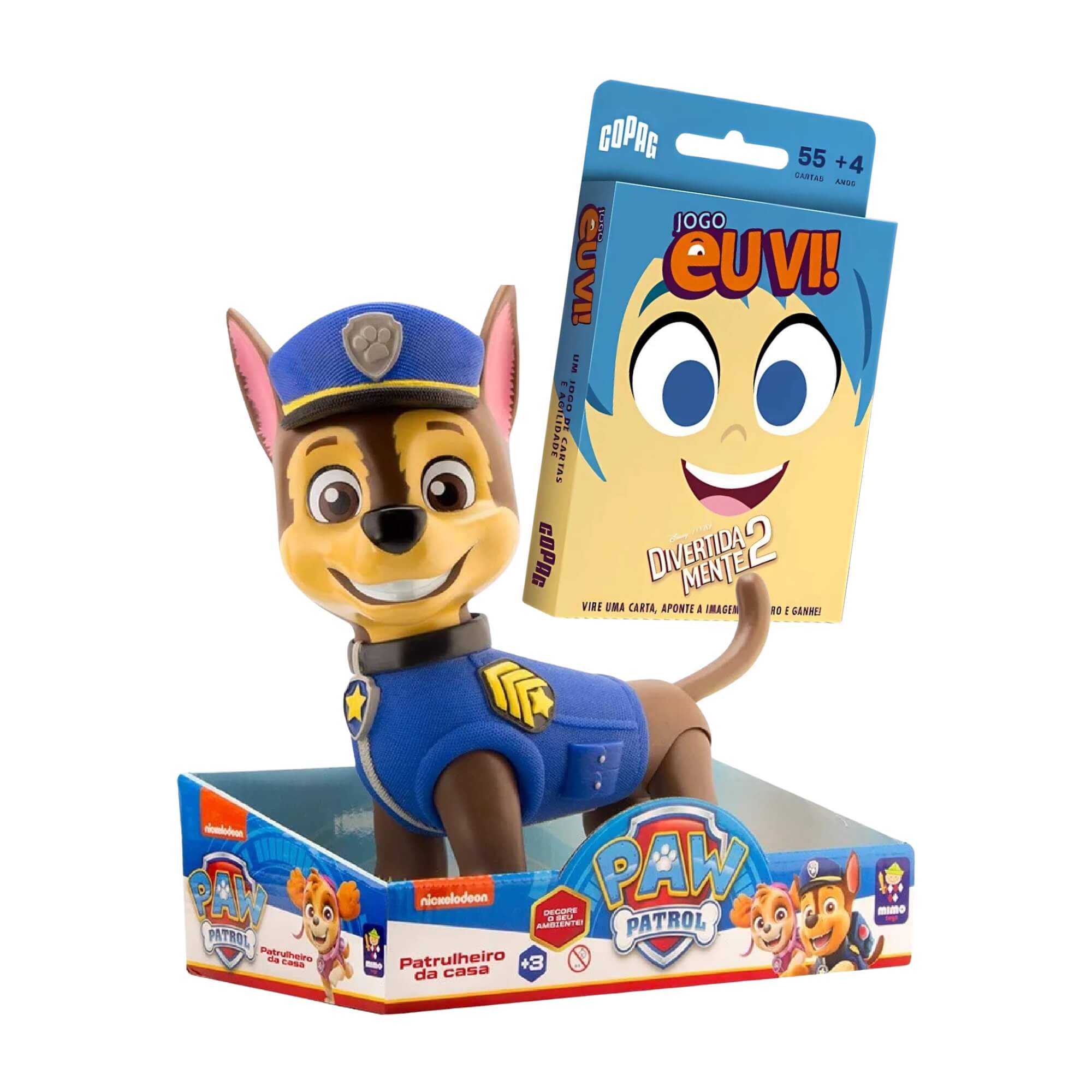 COMP Kit Boneco Chase 40cm Patrulha Canina + Jogo Eu Vi 55 Cartas Divertidamente 2 Copag
