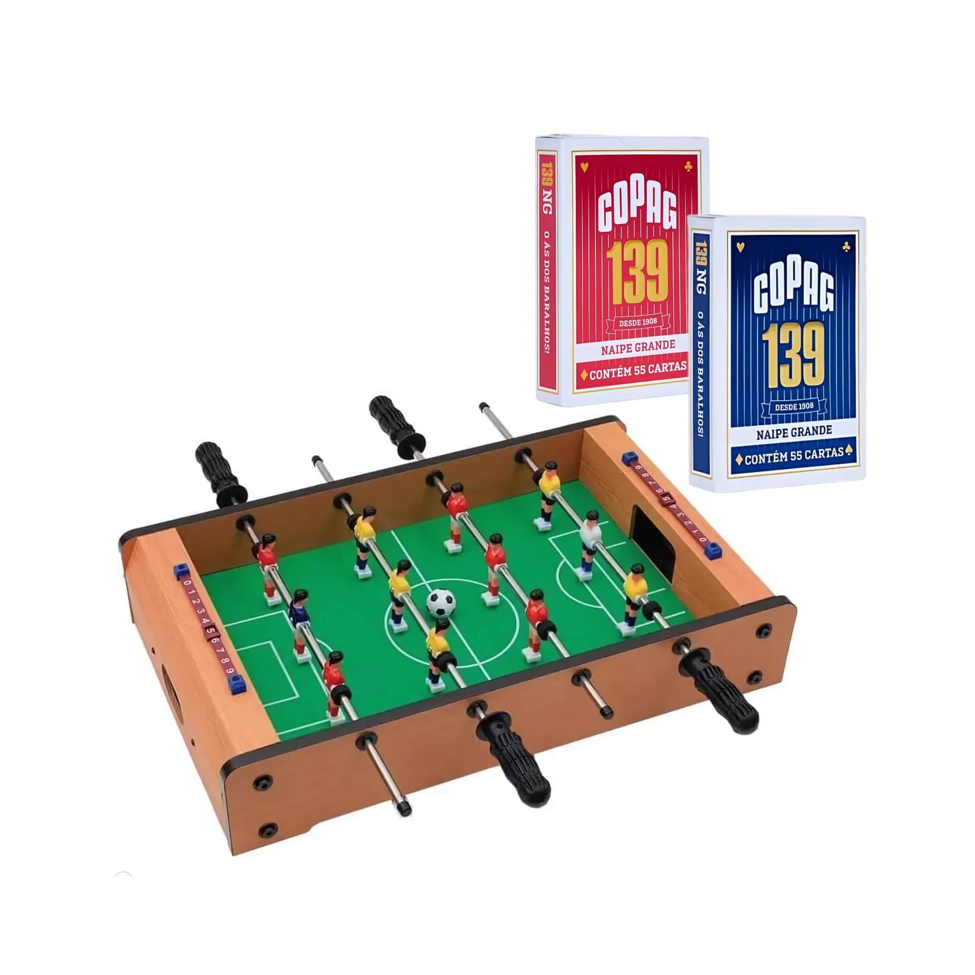 COMP Kit Mesa de Pebolim Madeira 51cm Zippy Toys + 2 Baralhos Copag 139 Azul e Vermelho