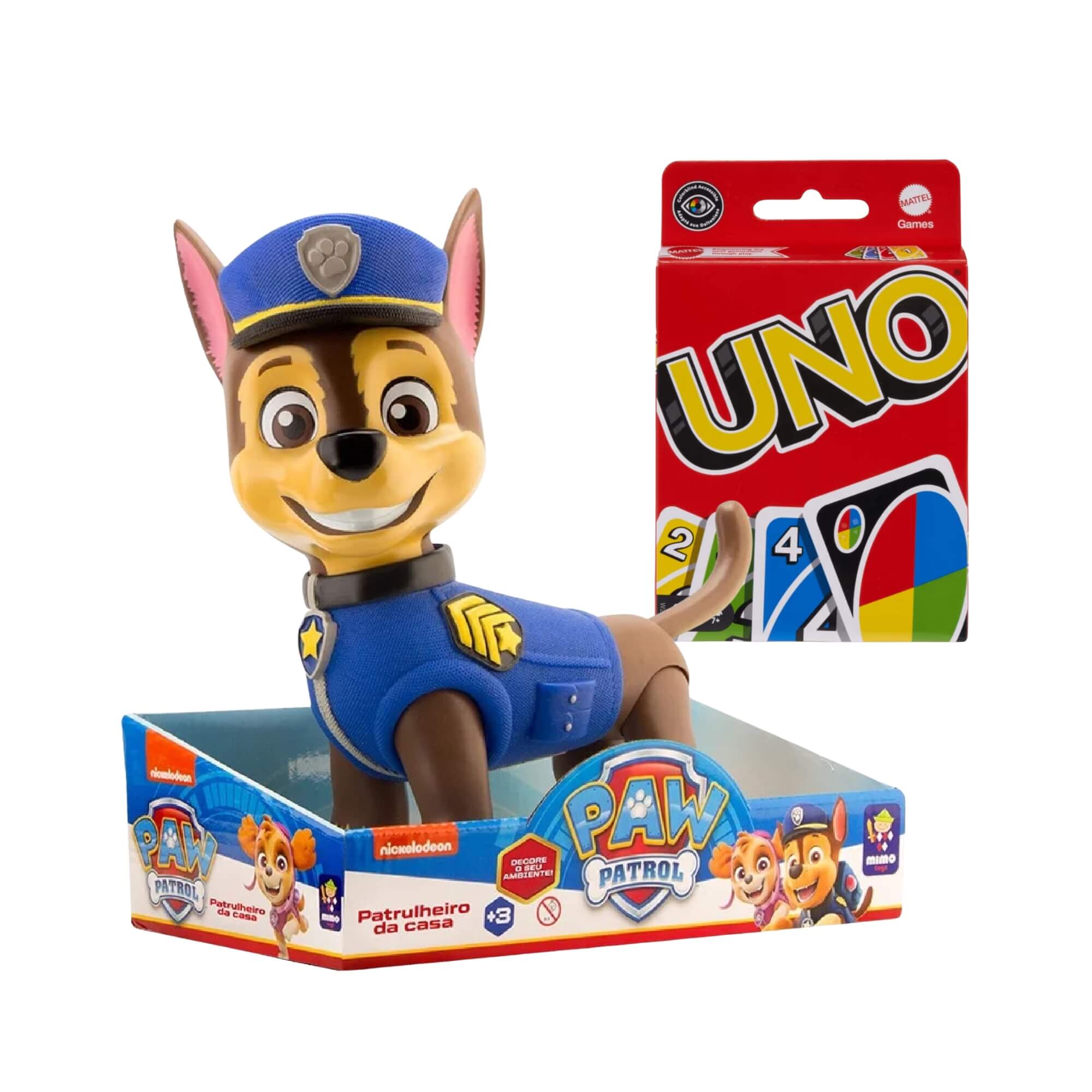 COMP Kit Boneco Chase 40cm Patrulha Canina Mimo + Jogo de Cartas UNO Clássico Mattel 112 Cartas