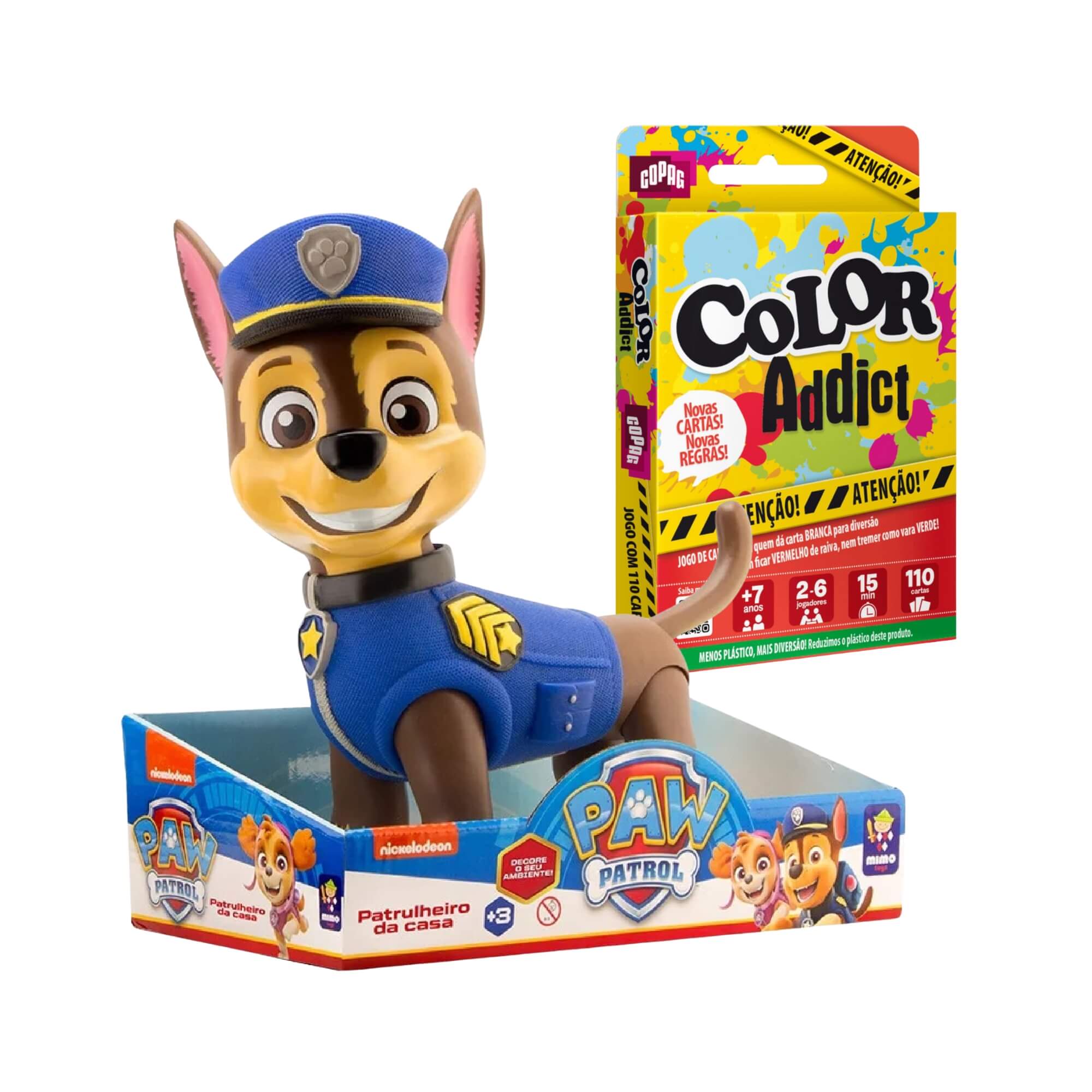COMP Kit Boneco Chase 40cm Patrulha Canina Mimo + Jogo de Cartas Color Addict 110 Cartas Copag