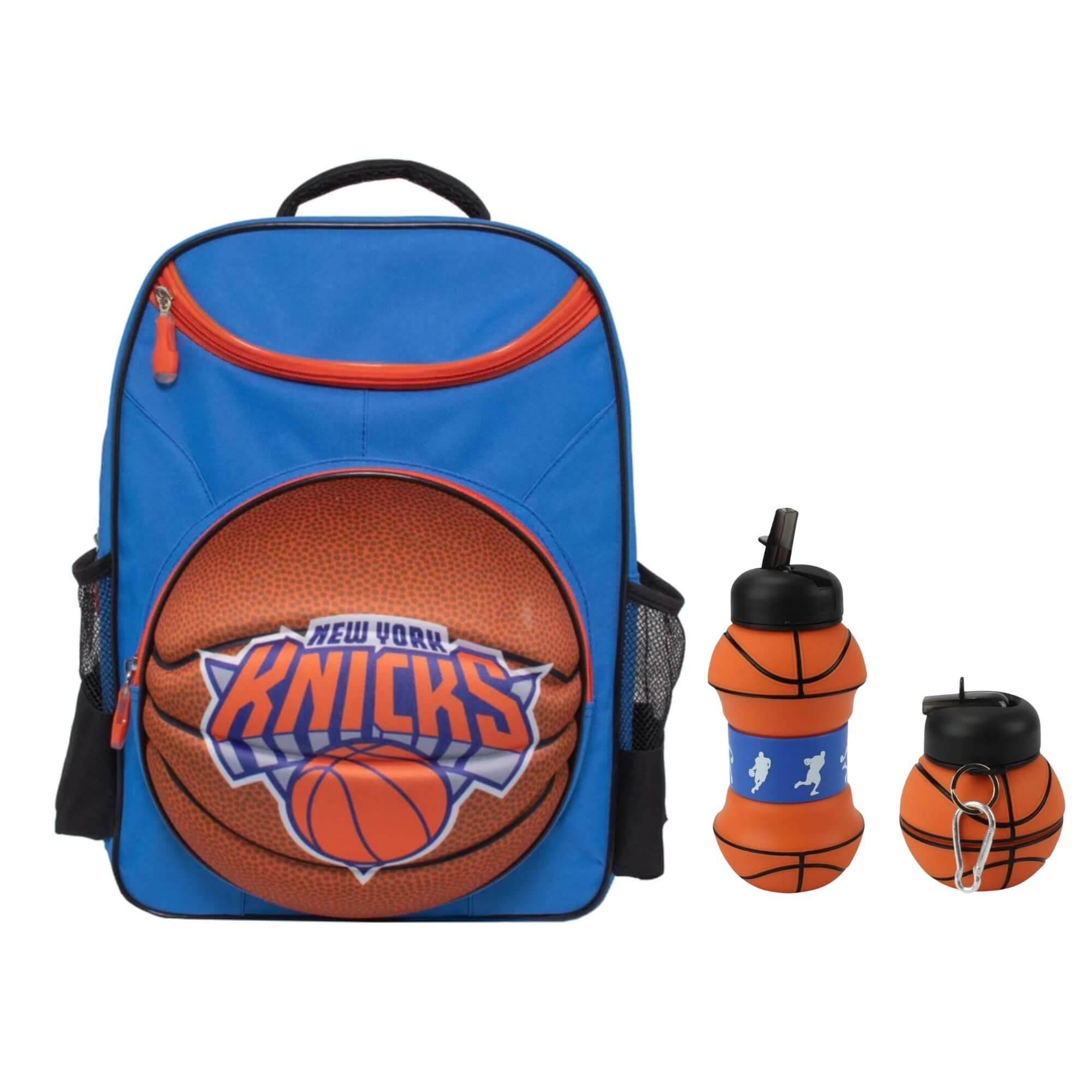 COMP Kit Mochila Infantil 3D Bola Knicks + Garrafa Dobrável 550ml Futebol e Magia