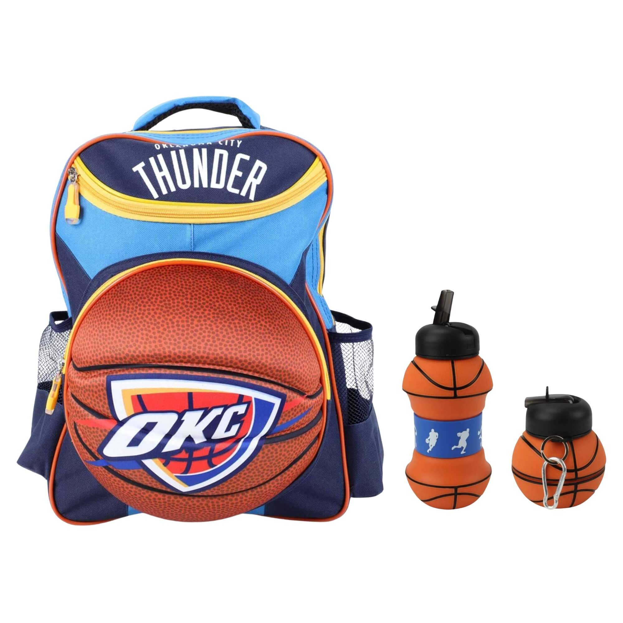 COMP Kit Mochila Infantil 3D Bola OKC Thunder + Garrafa Dobrável 550ml com Canudo Futebol e Magia