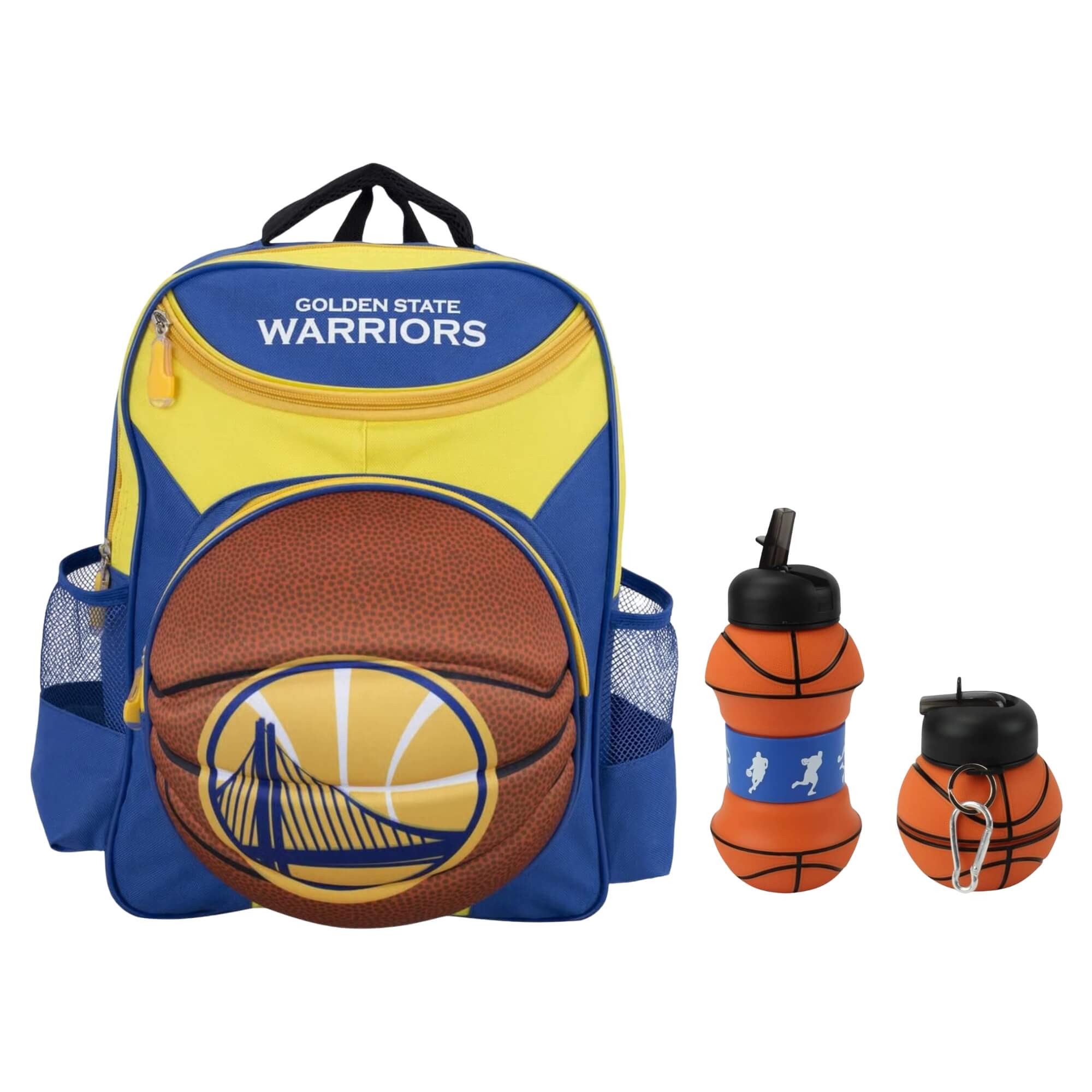 COMP Kit Mochila Infantil 3D NBA Warriors Amarela + Garrafa Dobrável 550ml Futebol e Magia