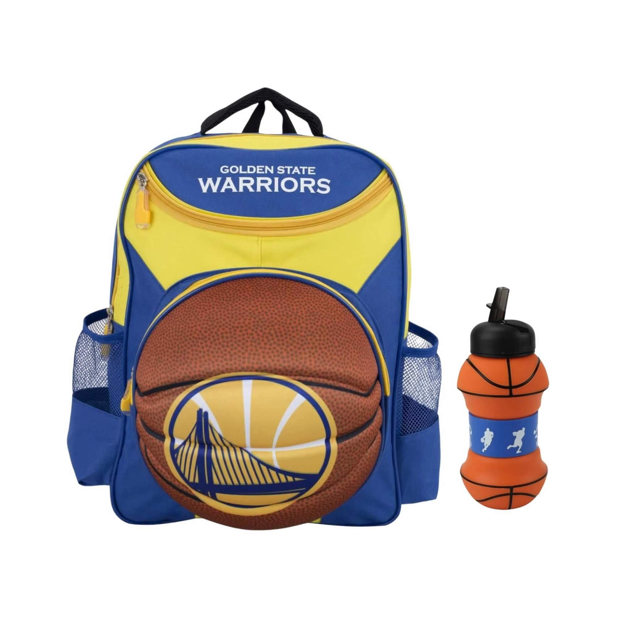 COMP Kit Mochila Infantil 3D NBA Warriors Amarela + Garrafa Dobrável 550ml Futebol e Magia